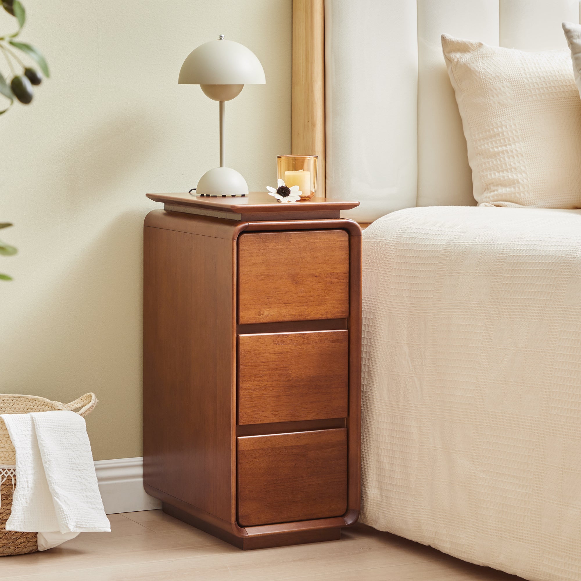 WIRRYTOR Curved Wave Narrow Nightstand Set of 2 for Bedroom, Mid-Century Modern 3 Drawer Slim Bedside Tables, Retro End Table Set of 2