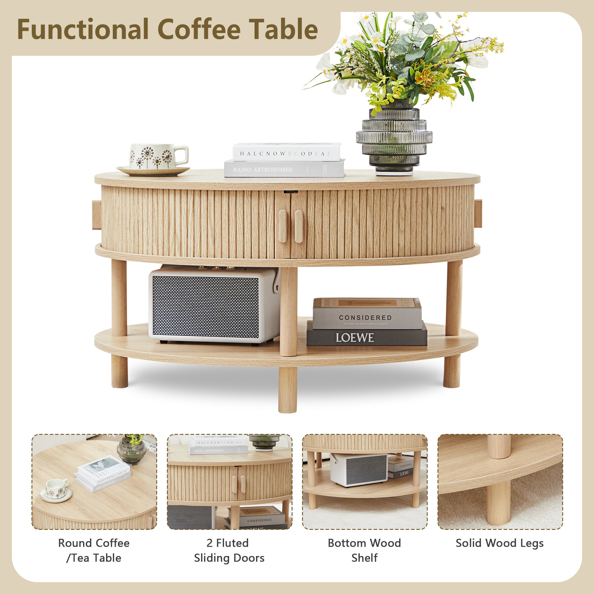 Wirrytor 31 inch Walnut Round Coffee Table for Living Room with Hiddern Storage
