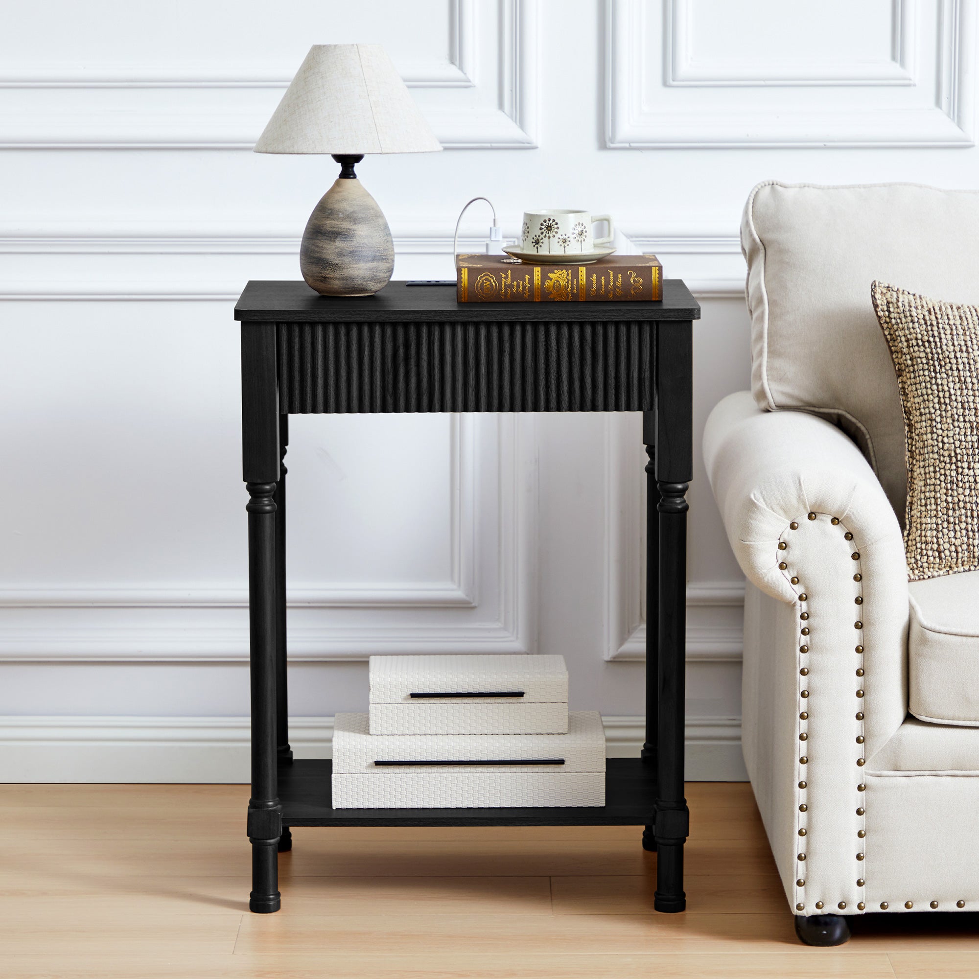 Wirrytor Narrow End Table with 2 Drawer & Open Storage Shelf, Modern Narrow Side Table for Small Spaces, Multifunctional Slim Nightstand for Bedroom, Living Room & Home Office,Oak