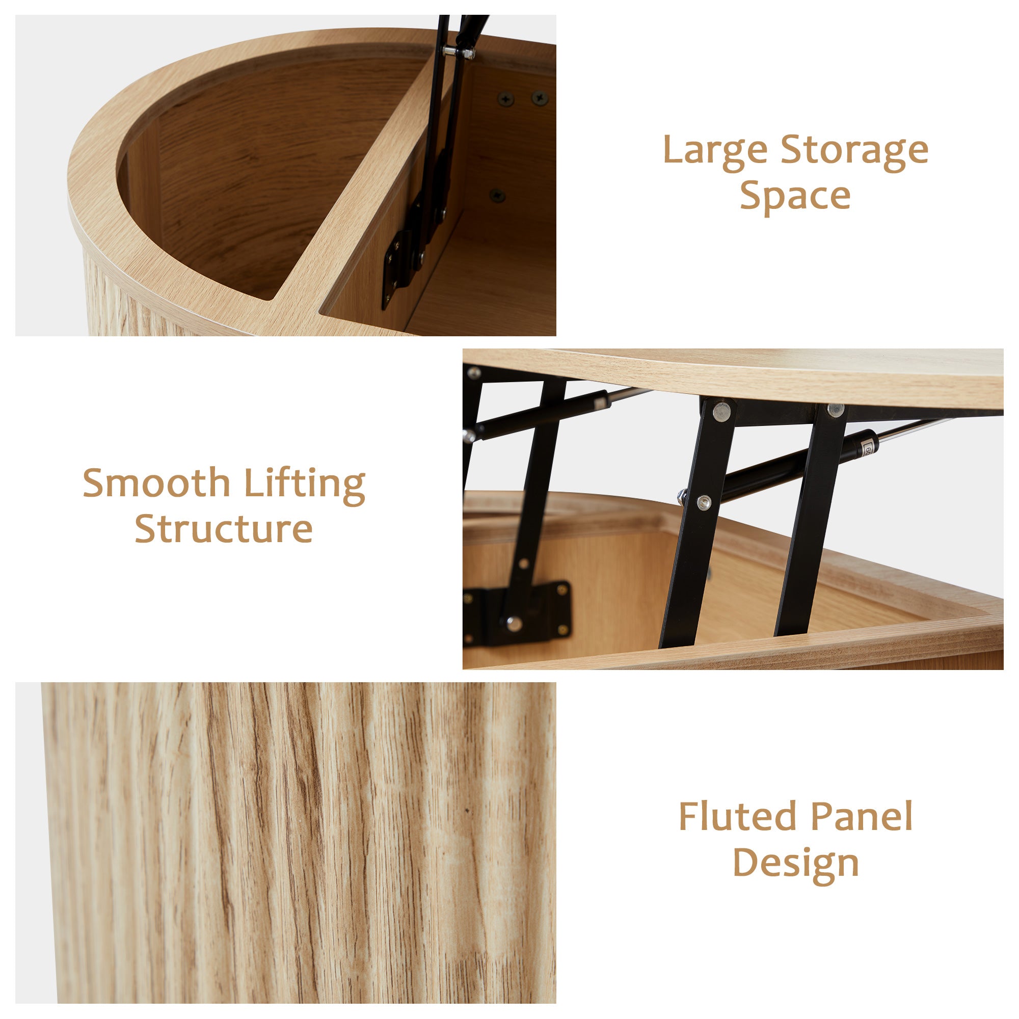 Wirrytor Lift Top Coffee Table with Storage and Open Storage Shelf, Oval Coffee Table for Living Room, Elliptical Arc Design, Fluted Center Table,  Finish & Spacious Storage,