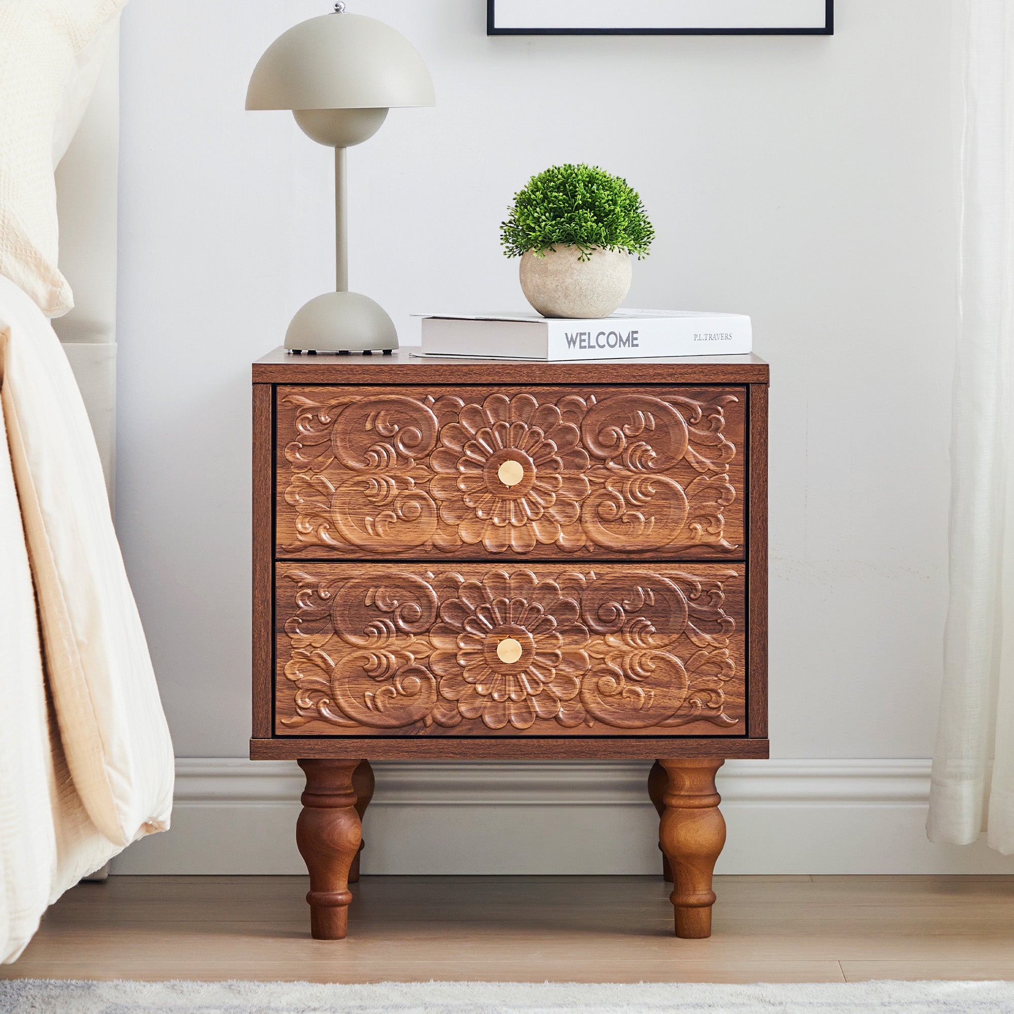 Wirrytor Vintage Short Nightstand with 2 Drawers, Bedside Table 2 Drawer Dresser with Embossed Pattern, Storage End Table with Wooden Legs for Bedroom & Living Room,Blue