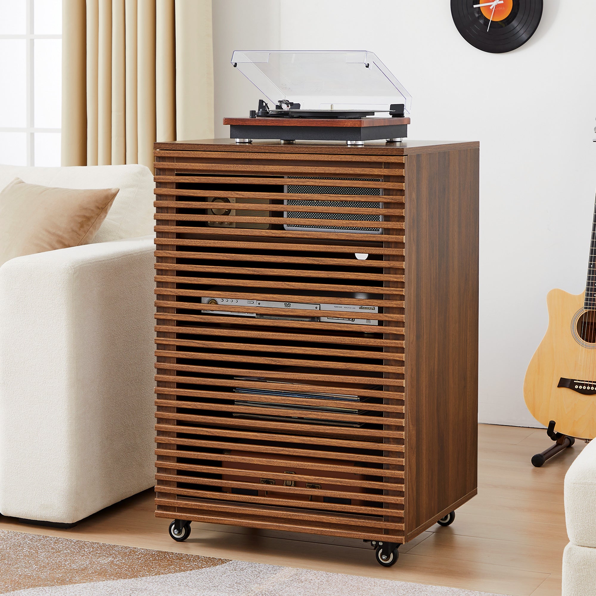 Wirrytor 5-Tier Mobile AV Media Cabinet with Slatted Door, Modern Rolling Stereo Rack, Audio Video Stand with Adjustable Shelves