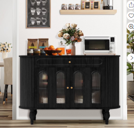 Wirrytor 47'' Fluted Wooden Oval Sideboard Buffet Cabinet with 2 Hollow Doors 2 Open Shelves, Elegant Curved Dining Cabinets,Kitchen Sideboard Cabinet for Dining Room Living Room Hallway,Black
