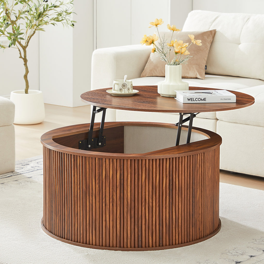 Wirrytor 31 inches Round Lift Top Coffee Table with Storage and Flip Top, Fluted Center Table for Living Room, Wood Coffee Table with Hidden Compartment, Round Arc Design