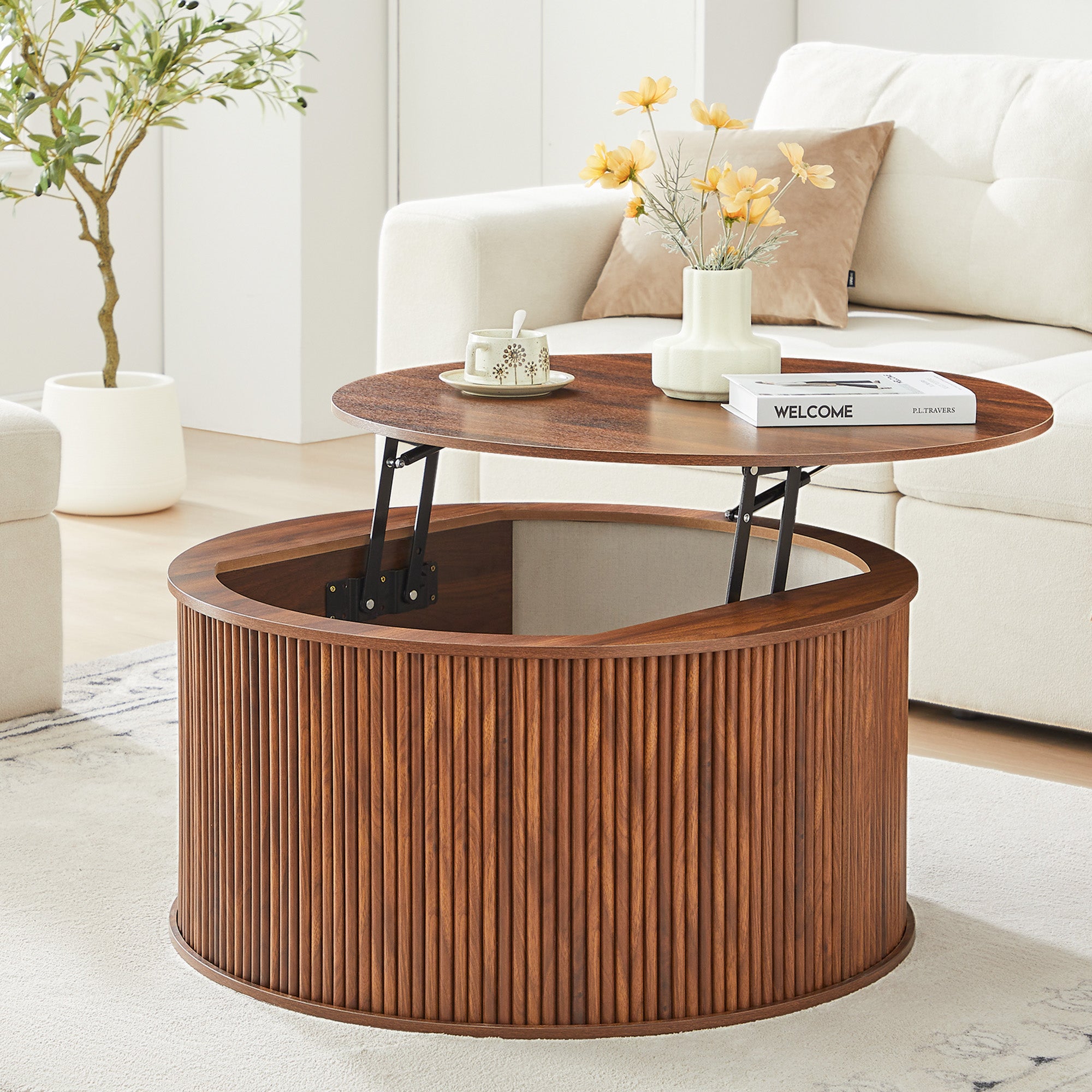 Wirrytor 31 inches Round Lift Top Coffee Table with Storage and Flip Top, Fluted Center Table for Living Room, Wood Coffee Table with Hidden Compartment, Round Arc Design