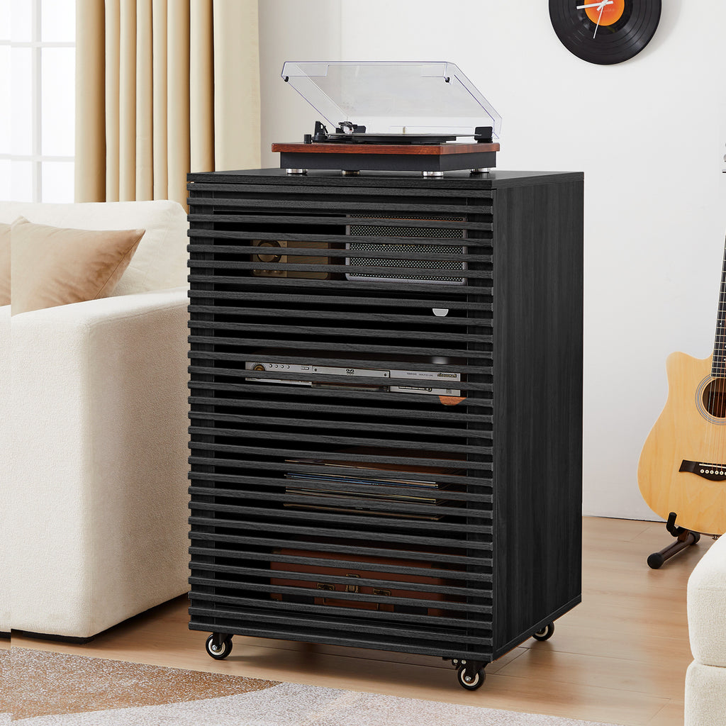 Wirrytor 5-Tier Mobile AV Media Cabinet with Slatted Door, Modern Rolling Stereo Rack, Audio Video Stand with Adjustable Shelves