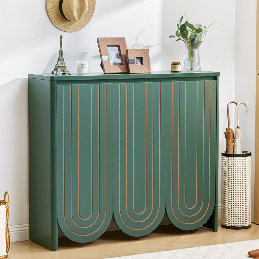 WIRRYTOR Mid-Century Modern Shoe Storage Cabinet for Entryway Foyer Hallway, 3-Door Arched Shoe Rack Organizer with Geometric Grooves