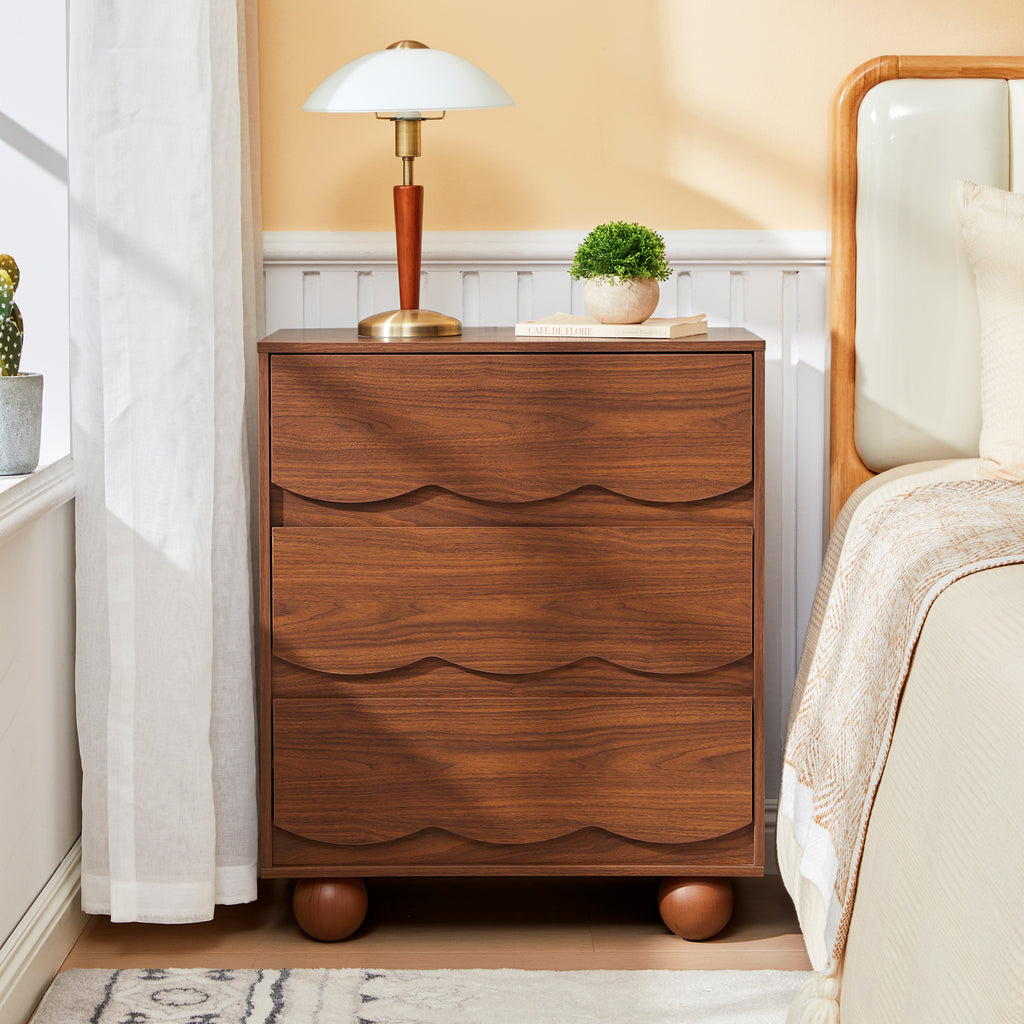 WIRRYTOR Modern Wave Front 3 Drawer Nightstand and Storage Dresser, Scalloped Bedside Table with Solid Wood Ball Leg for Bedroom Living Room