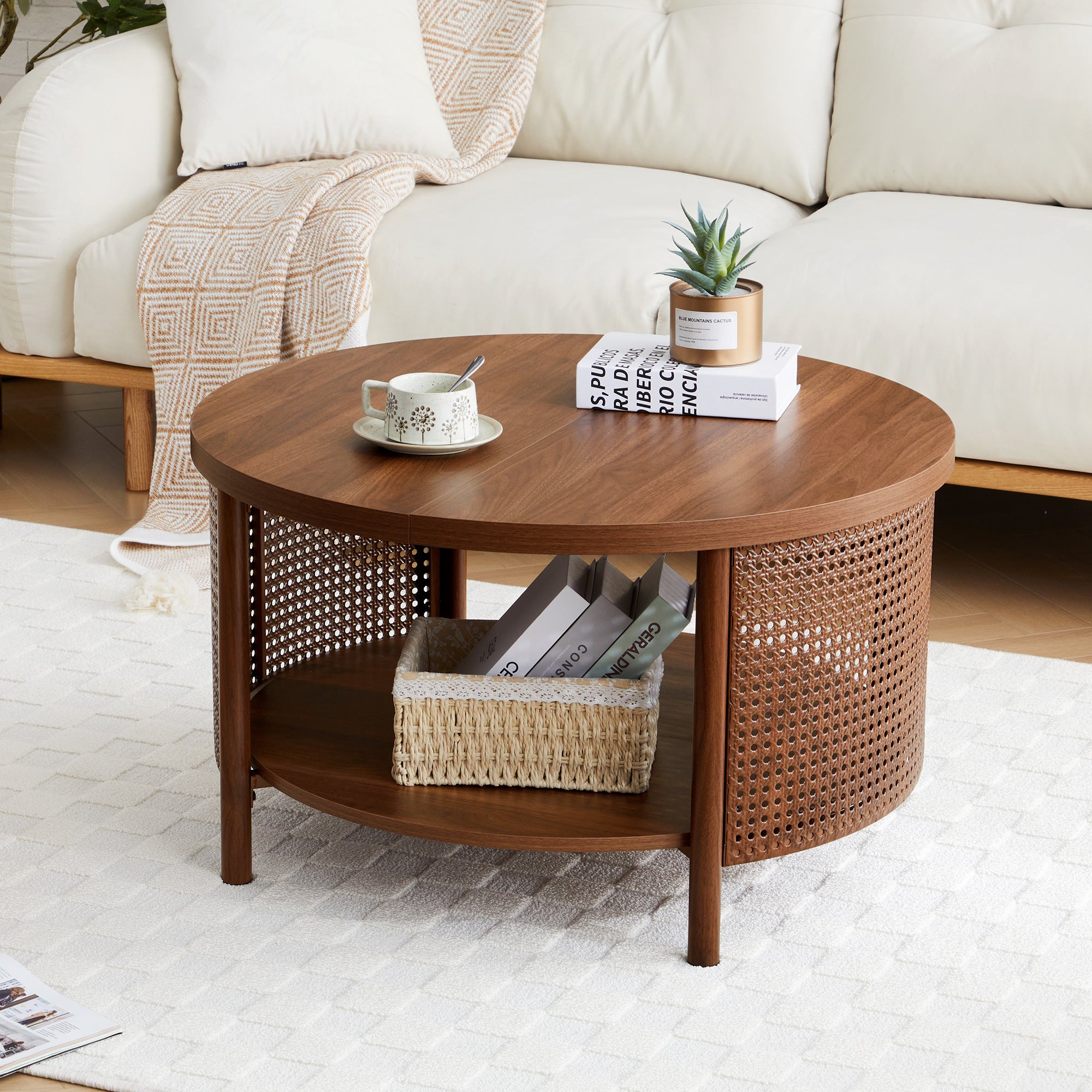 Wirrytor  Rattan Round Coffee Table with 2-Tier Wood Storage, Circular Table, Round Storage Table, oak