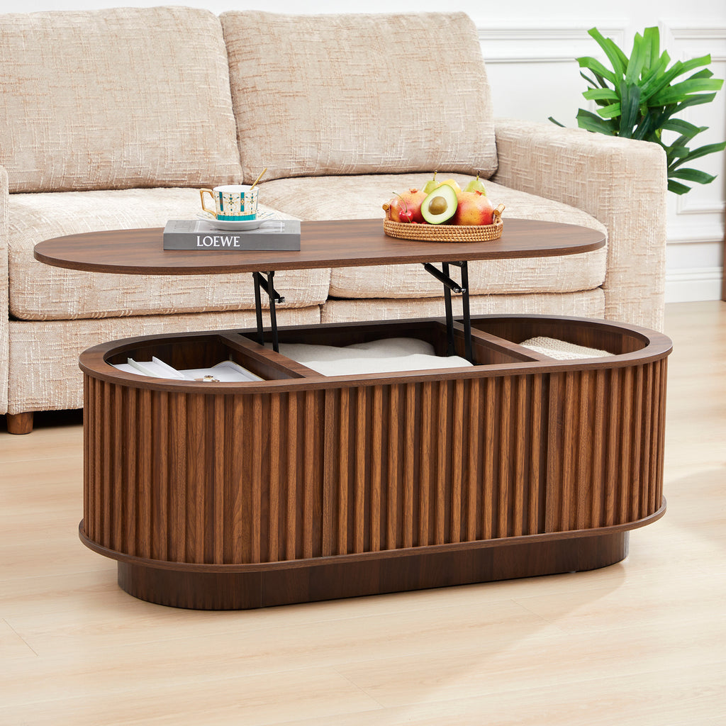 Wirrytor Lift Top Oval Coffee Table with Hidden Storage Compartment and Shelf for Living Room, Fluted Oval Center Tea Table with Wooden Lift-Top for Apartment, Small Space,