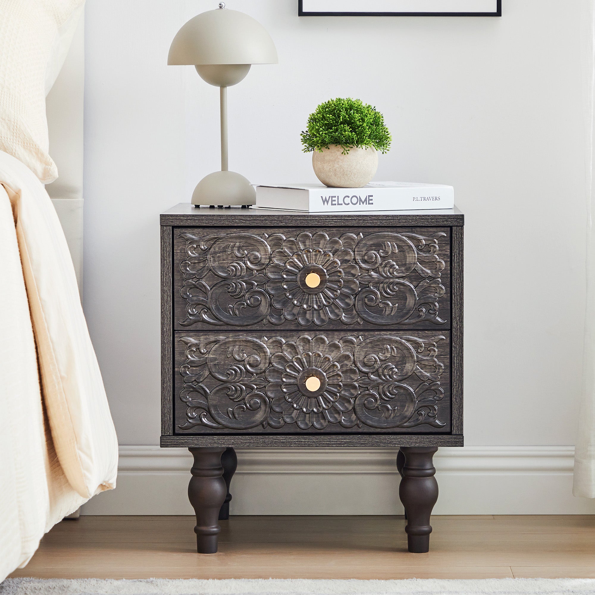 Wirrytor Vintage Short Nightstand with 2 Drawers, Bedside Table 2 Drawer Dresser with Embossed Pattern, Storage End Table with Wooden Legs for Bedroom & Living Room,Blue