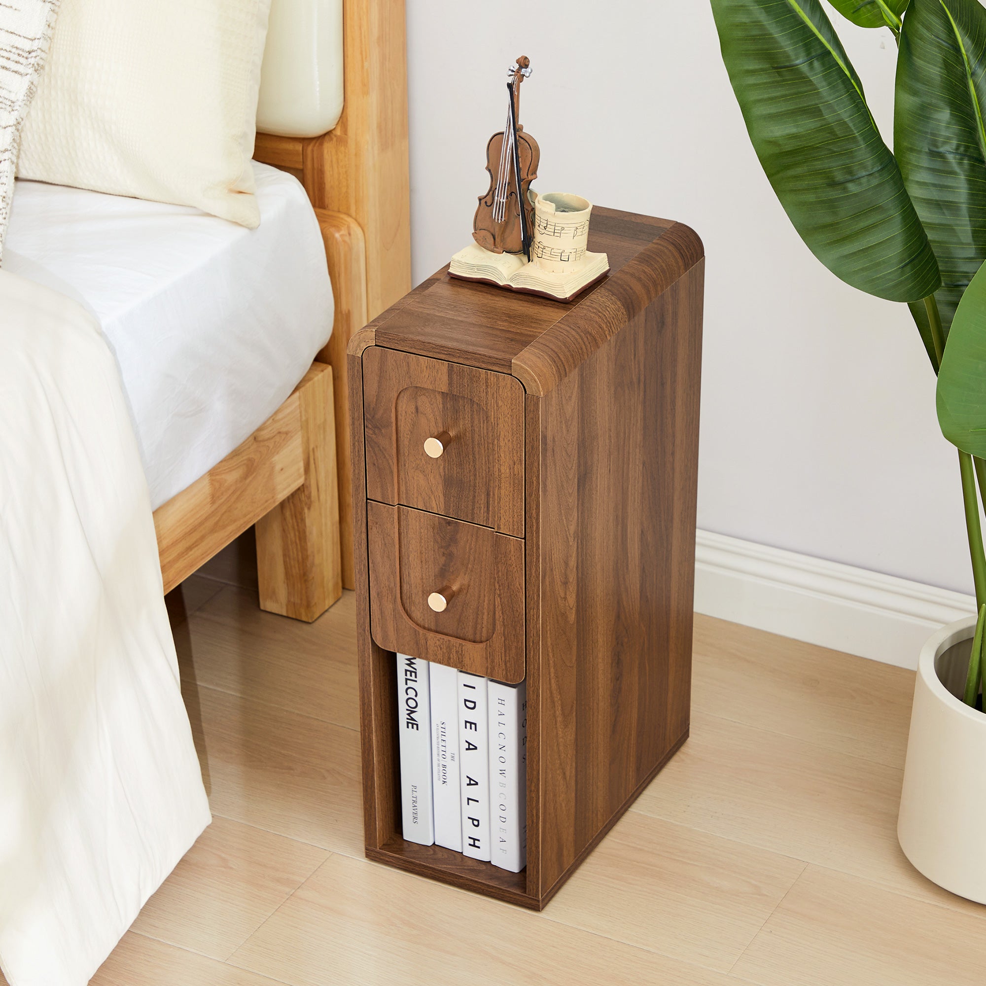 Wirrytor Narrow End Table with 2 Drawer & Open Storage Shelf, Modern Narrow Side Table for Small Spaces, Multifunctional Slim Nightstand for Bedroom, Living Room & Home Office,Oak