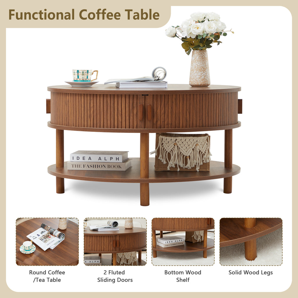 Wirrytor 31 inch Walnut Round Coffee Table for Living Room with Hiddern Storage