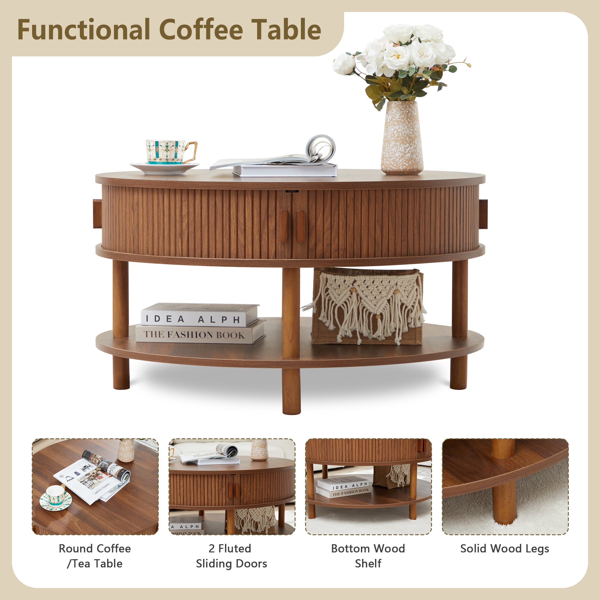 Wirrytor 31 inch Walnut Round Coffee Table for Living Room with Hiddern Storage