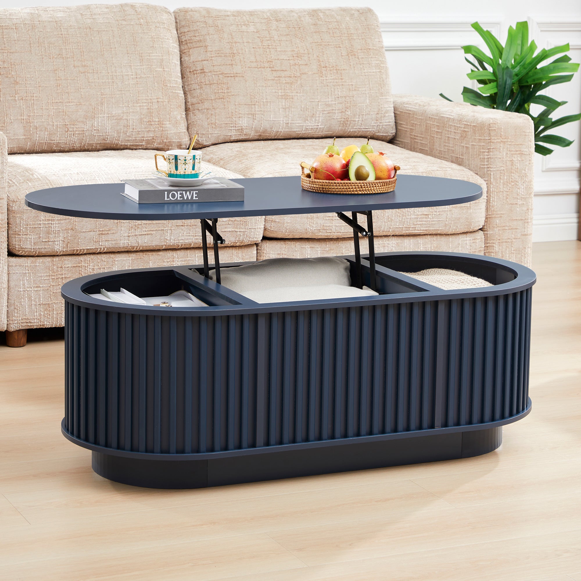 Wirrytor Lift Top Oval Coffee Table with Hidden Storage Compartment and Shelf for Living Room, Fluted Oval Center Tea Table with Wooden Lift-Top for Apartment, Small Space,