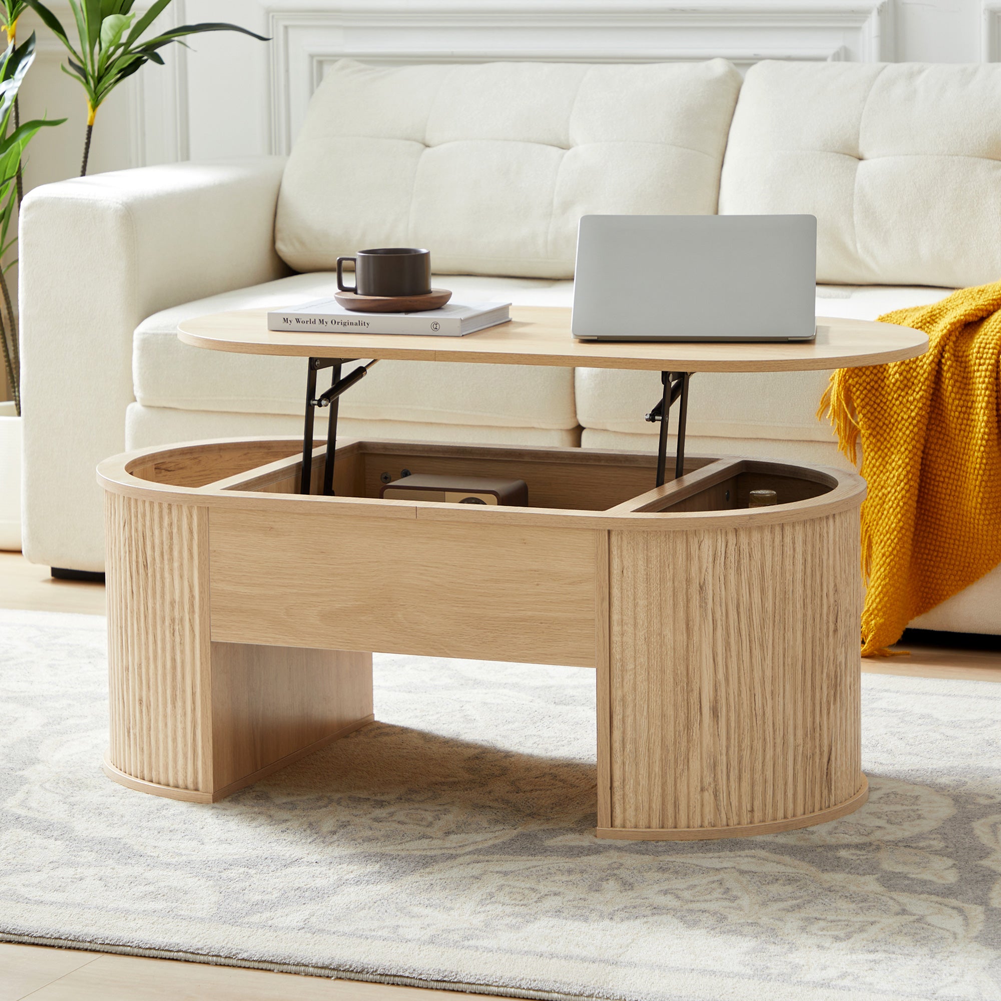 Wirrytor Lift Top Coffee Table with Storage and Open Storage Shelf, Oval Coffee Table for Living Room, Elliptical Arc Design, Fluted Center Table,  Finish & Spacious Storage,