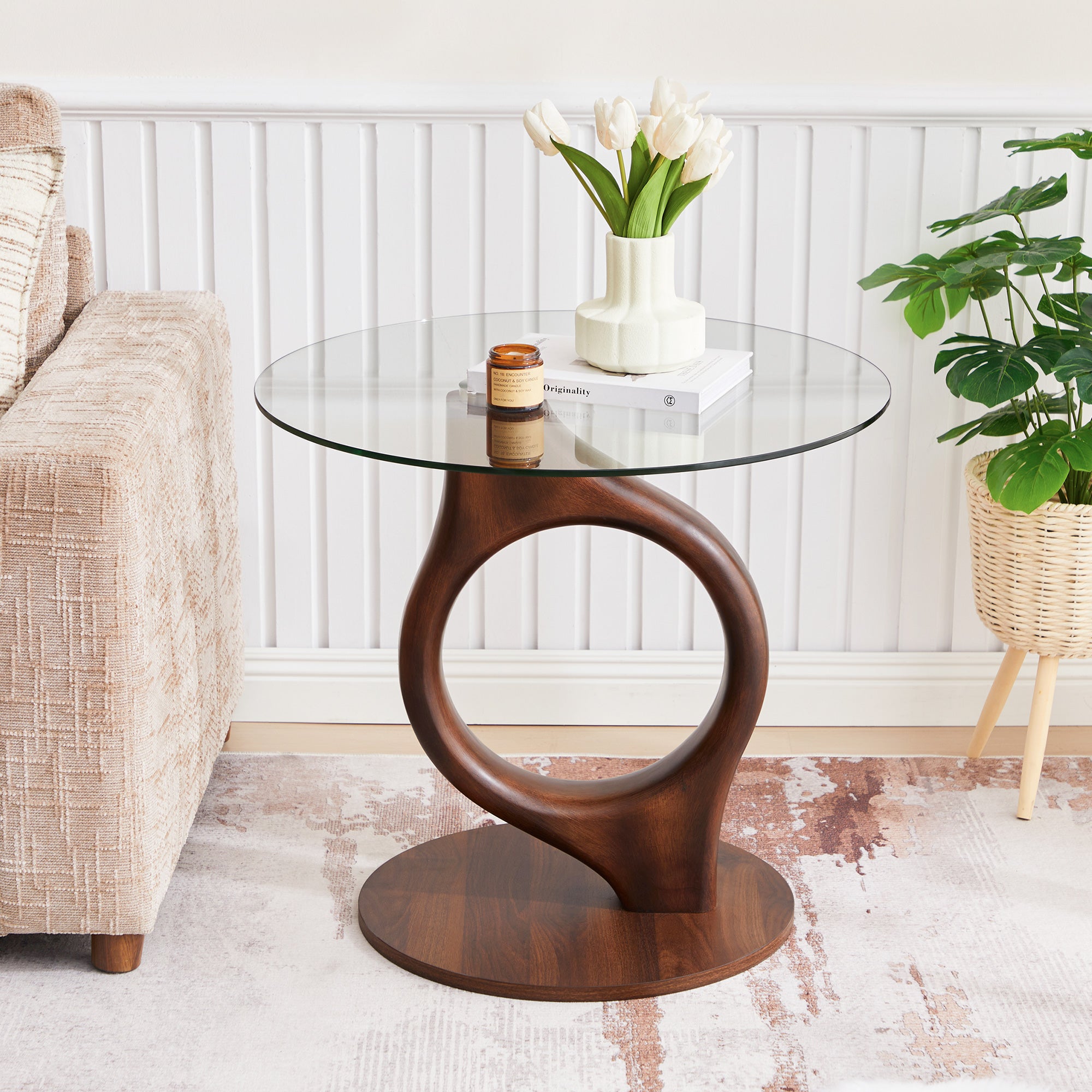 Wirrytor 27.55" Round Glass Coffee Table, Mid-Century Modern Side Table with Wood Base and Tempered Glass Top, Brown