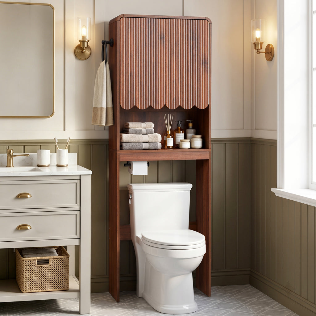 WIRRYTOR Modern Fluted Over the Toilet Storage Cabinet, 68" Tall Freestanding Bathroom Organizer with Adjustable Shelf and Paper Holder, Walnut