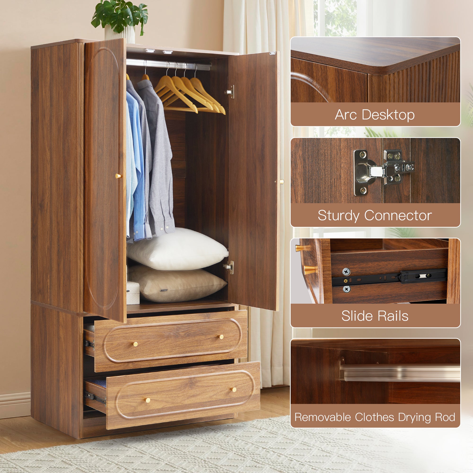 Wirrytor Armoire Wooden Closet with 2 Doors and 2 Drawer