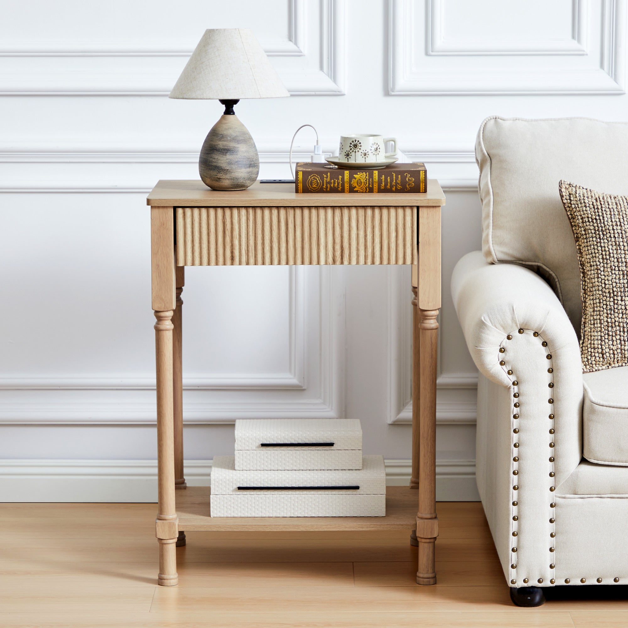 Wirrytor Narrow End Table with 2 Drawer & Open Storage Shelf, Modern Narrow Side Table for Small Spaces, Multifunctional Slim Nightstand for Bedroom, Living Room & Home Office,Oak