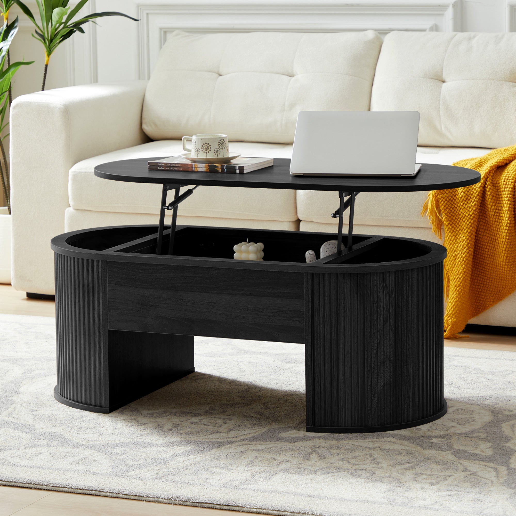 Wirrytor Lift Top Coffee Table with Storage and Open Storage Shelf, Oval Coffee Table for Living Room, Elliptical Arc Design, Fluted Center Table,  Finish & Spacious Storage,