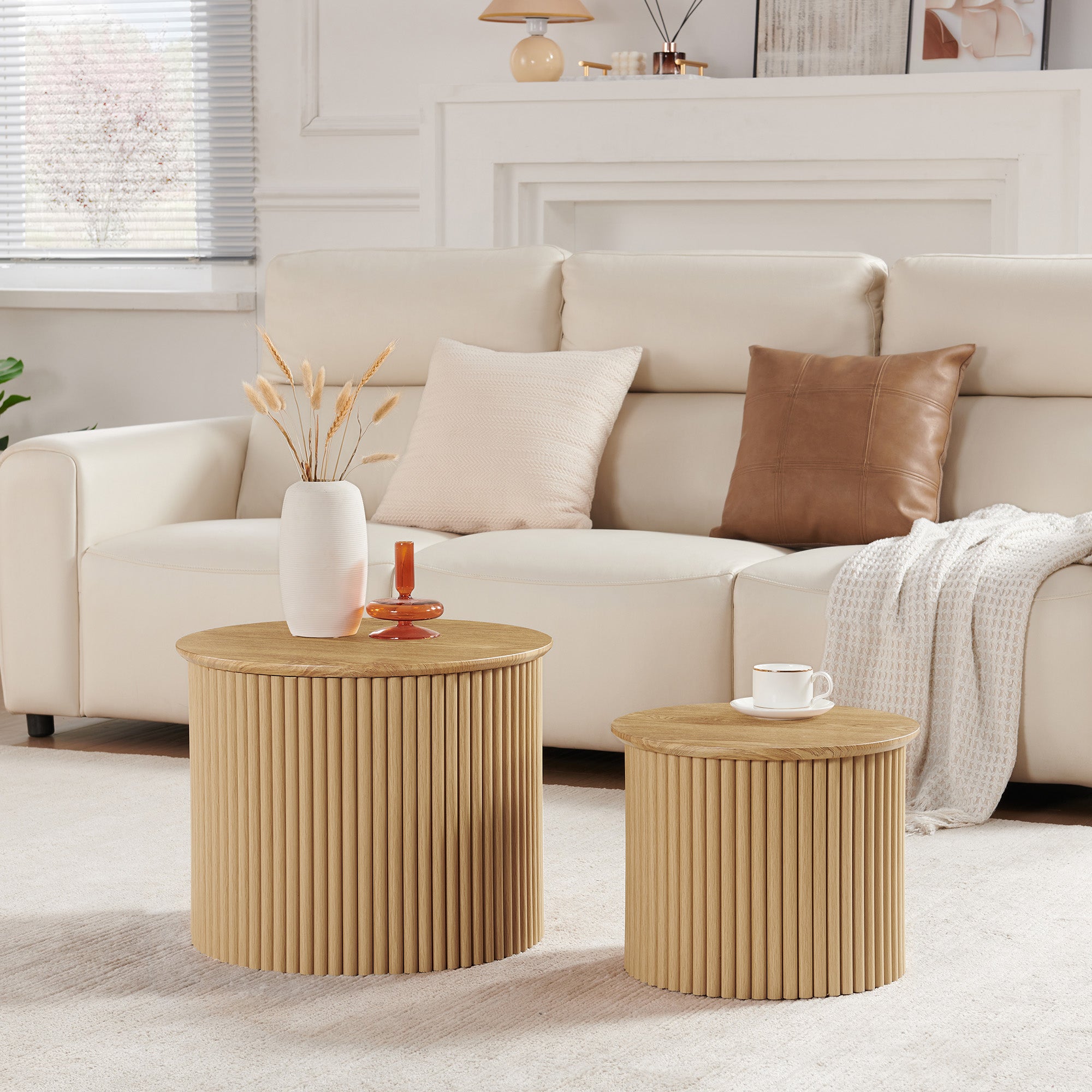 Wirrytor Rattan Round Coffee Table with 2-Tier Wood Storage