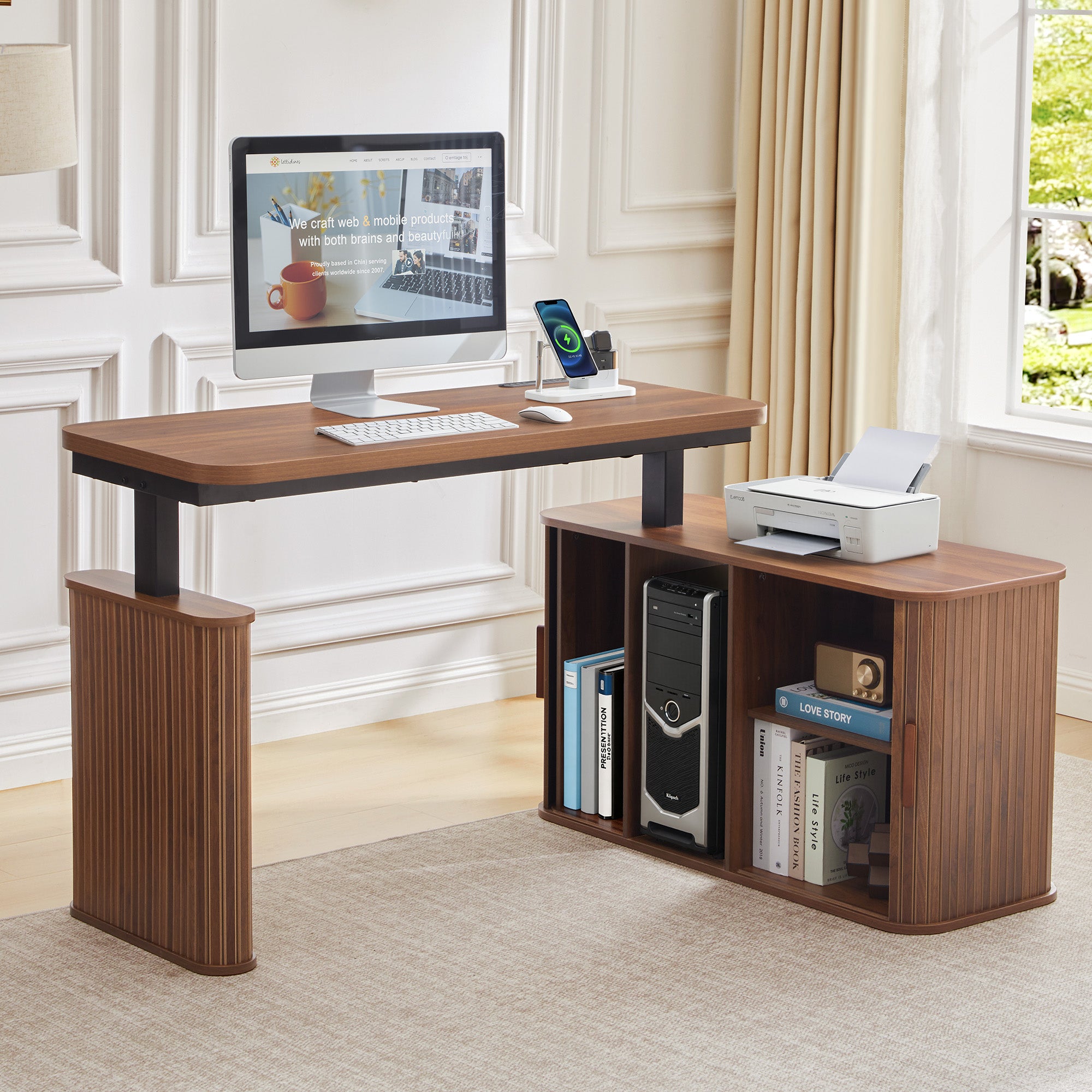 WIRRYTOR 47" Mid-Century Modern L-Shaped Electric Standing Desk with Storage, Home Office Adjustable Height Corner Desk with Sliding Door