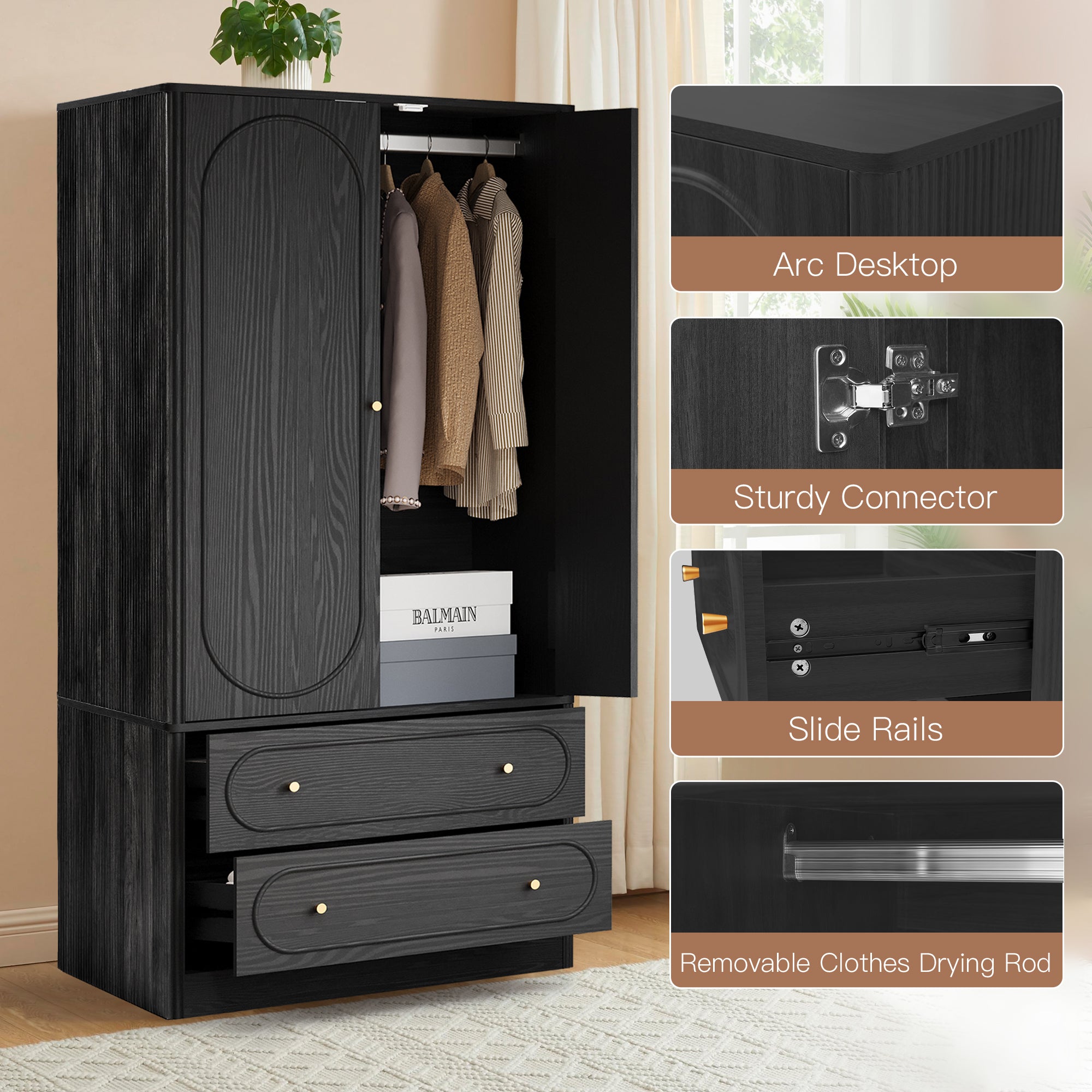 Wirrytor Armoire Wooden Closet with 2 Doors and 2 Drawer