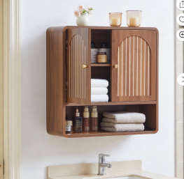 Wirrytor Fluted Wooden Medicine Cabinet Storage, Brown Bathroom Wall Cabinet with 2 Doors Adjustable Shelf and Towels Bar