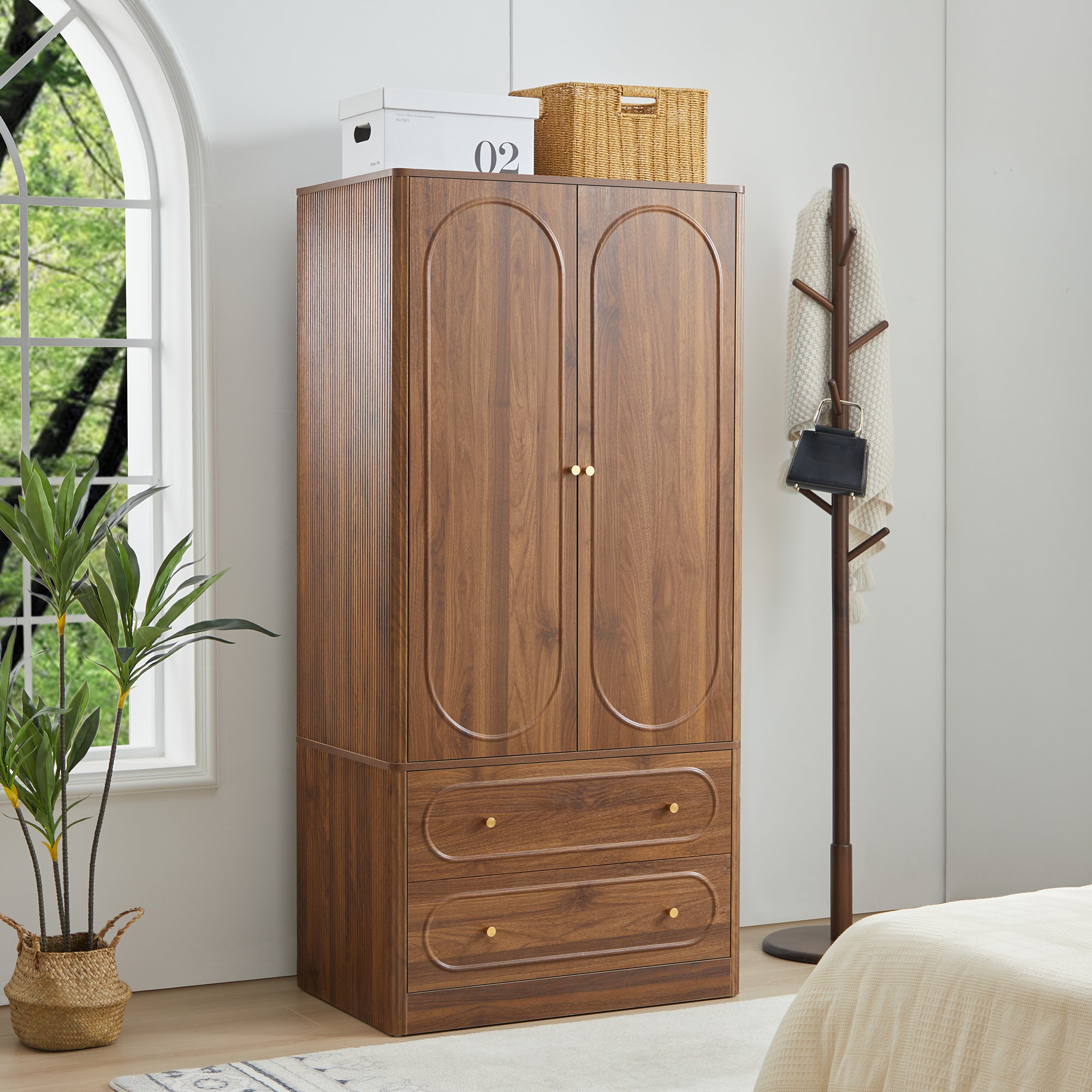 Wirrytor Armoire Wooden Closet with 2 Doors and 2 Drawer