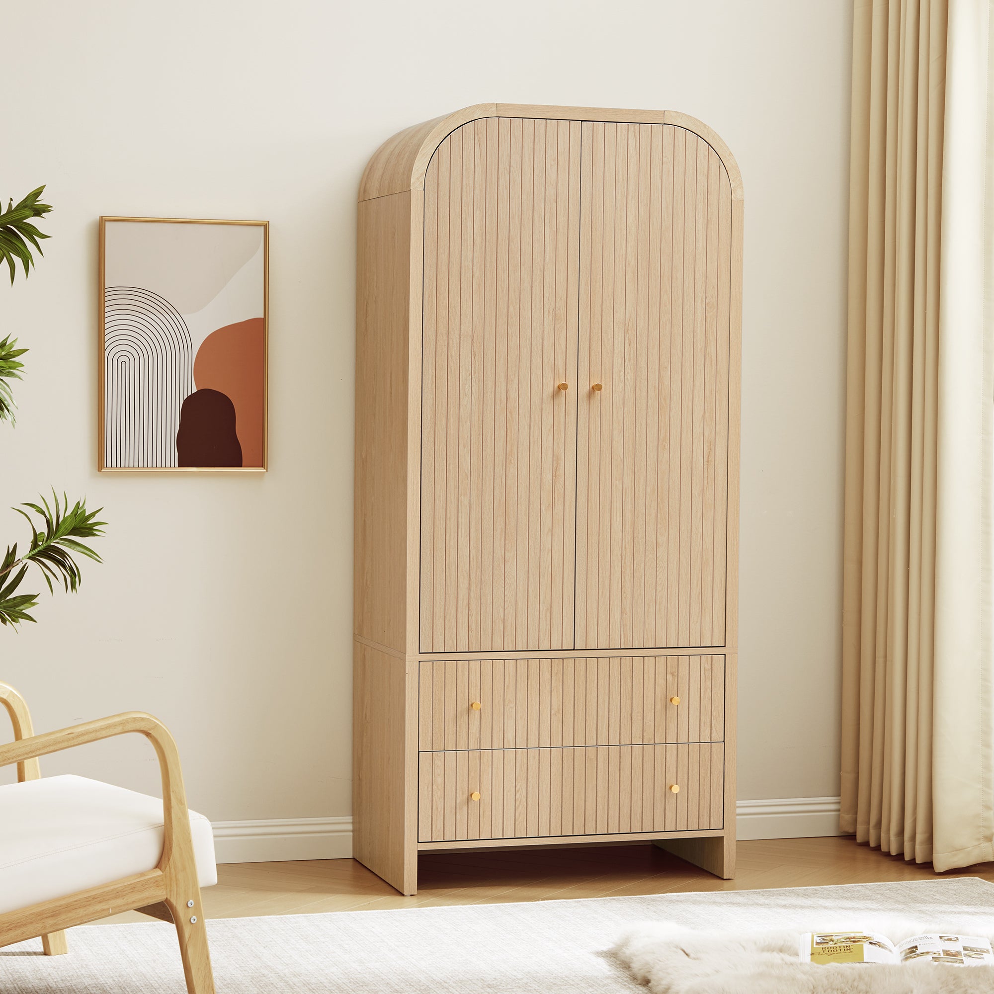 Wirrytor 2 Door Armoire for Bedroom with 2 Drawers and Hanging Rod, Fluted Tall Wardrobe Closet Storage Organizer, Large Capacity Freestanding Wardrobe for Living Room Or Office