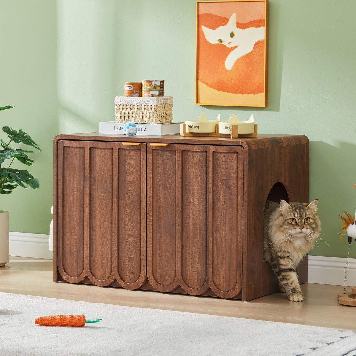 Wirrytor Wave Panel Cat Litter Box Enclosure, Modern Hidden Litter Box with Side Hooks, Multi-Use Cat Washroom Furniture for Living Room