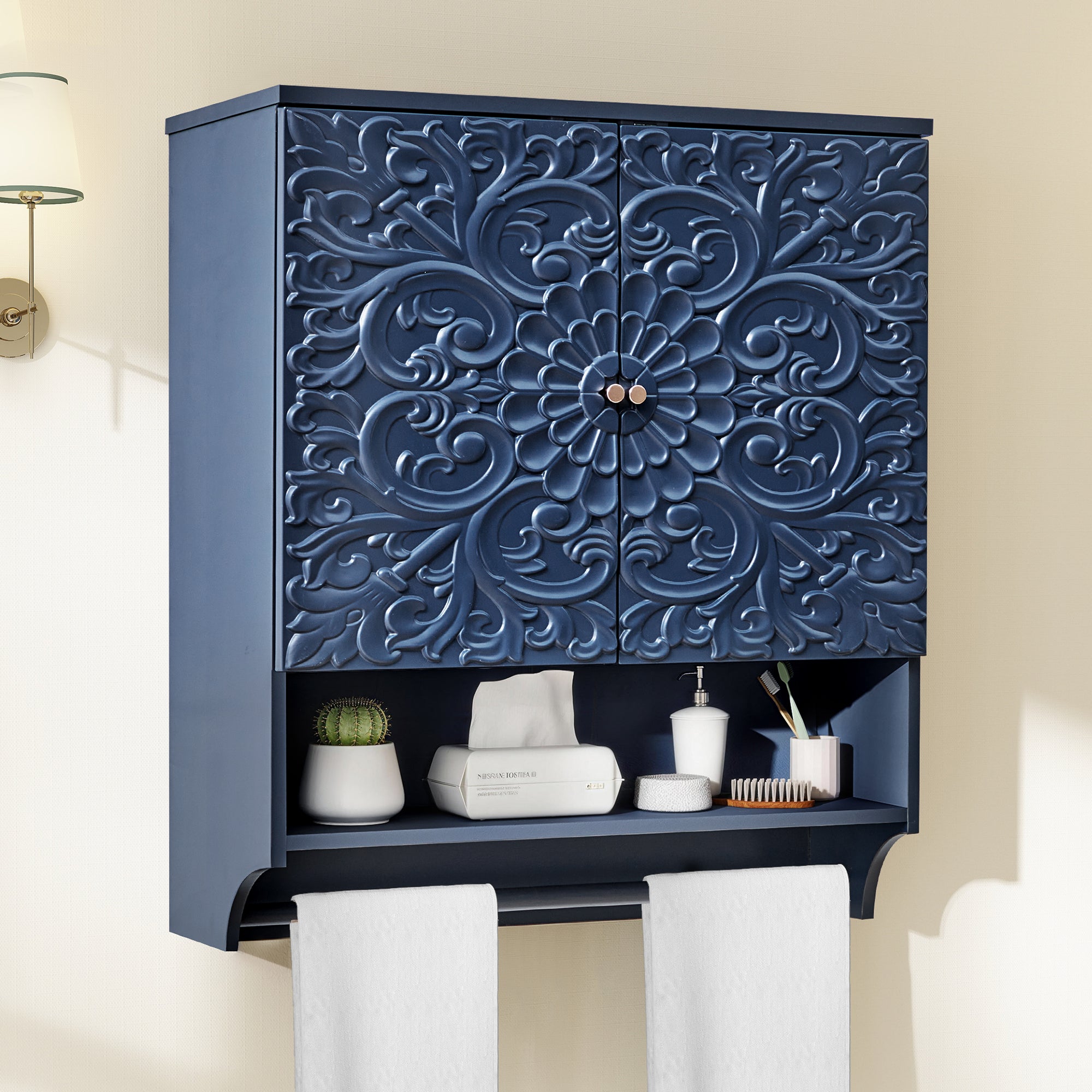 WIRRYTOR Retro Floral Embossed Bathroom Cabinet Wall Mounted, Kitchen Medicine Cabinet Storage Organizer with Open Shelf and Towel Bar