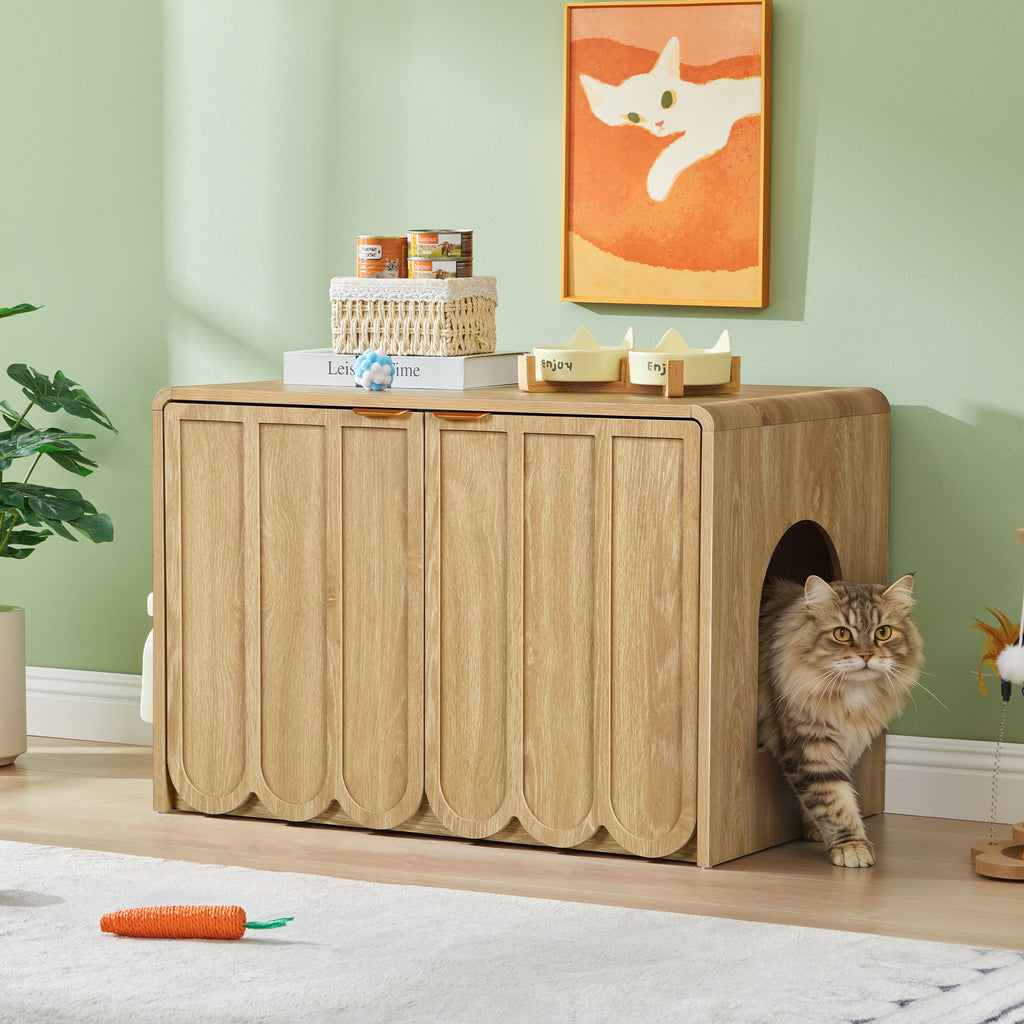 Wirrytor Wave Panel Cat Litter Box Enclosure, Modern Hidden Litter Box with Side Hooks, Multi-Use Cat Washroom Furniture for Living Room
