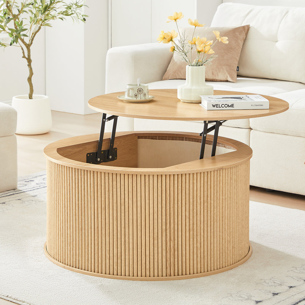 Wirrytor 31 inches Round Lift Top Coffee Table with Storage and Flip Top, Fluted Center Table for Living Room, Wood Coffee Table with Hidden Compartment, Round Arc Design