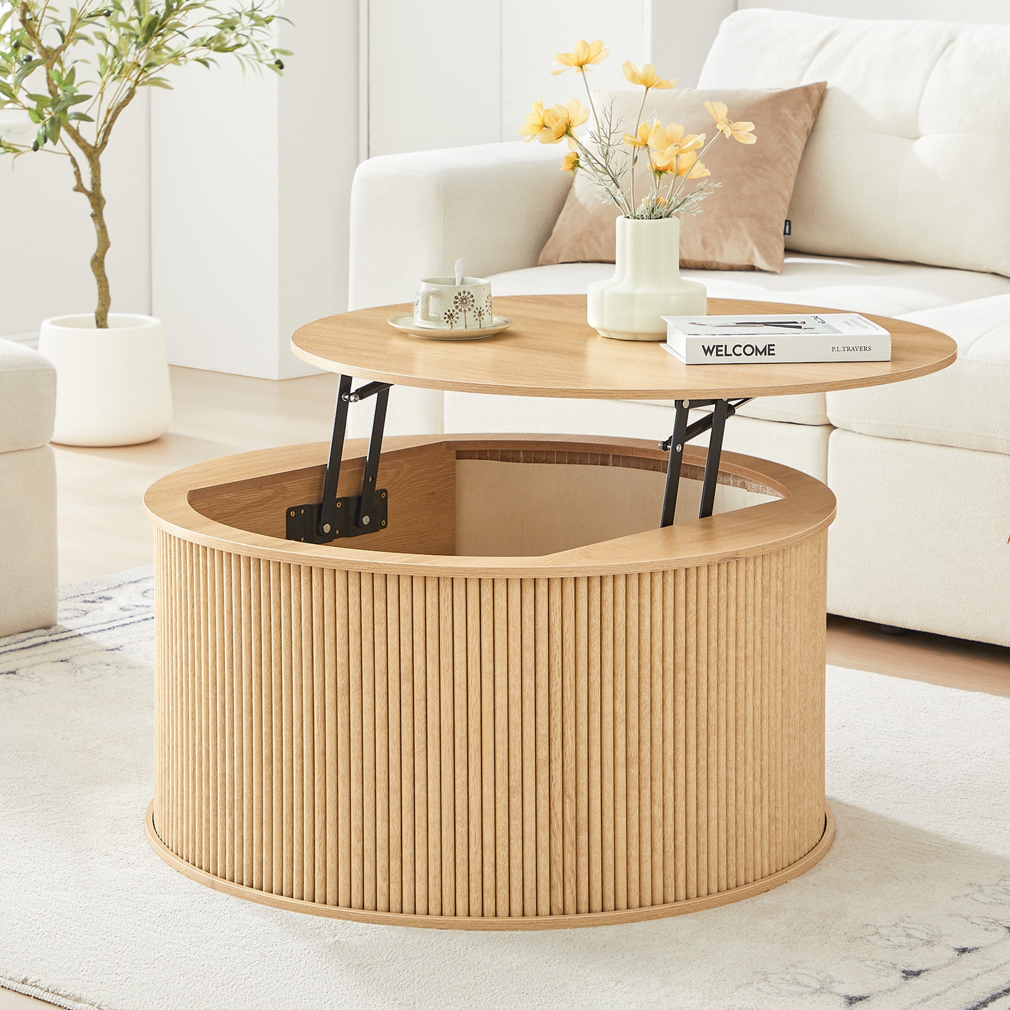 Wirrytor 31 inches Round Lift Top Coffee Table with Storage and Flip Top, Fluted Center Table for Living Room, Wood Coffee Table with Hidden Compartment, Round Arc Design