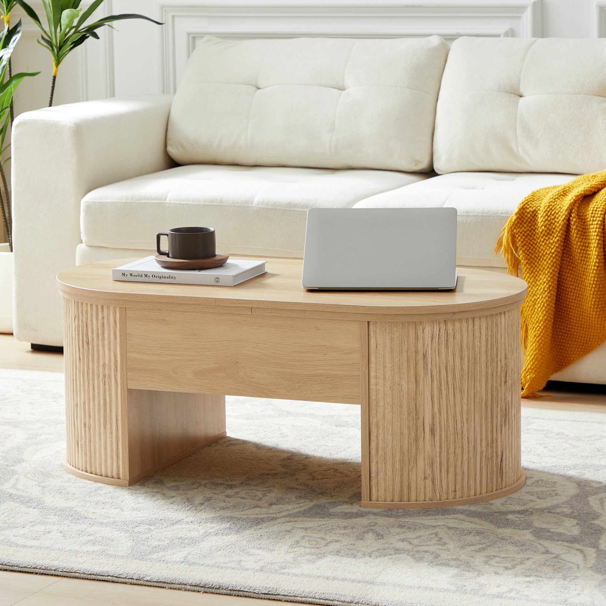 Wirrytor Lift Top Coffee Table with Storage and Open Storage Shelf, Oval Coffee Table for Living Room, Elliptical Arc Design, Fluted Center Table,  Finish & Spacious Storage,