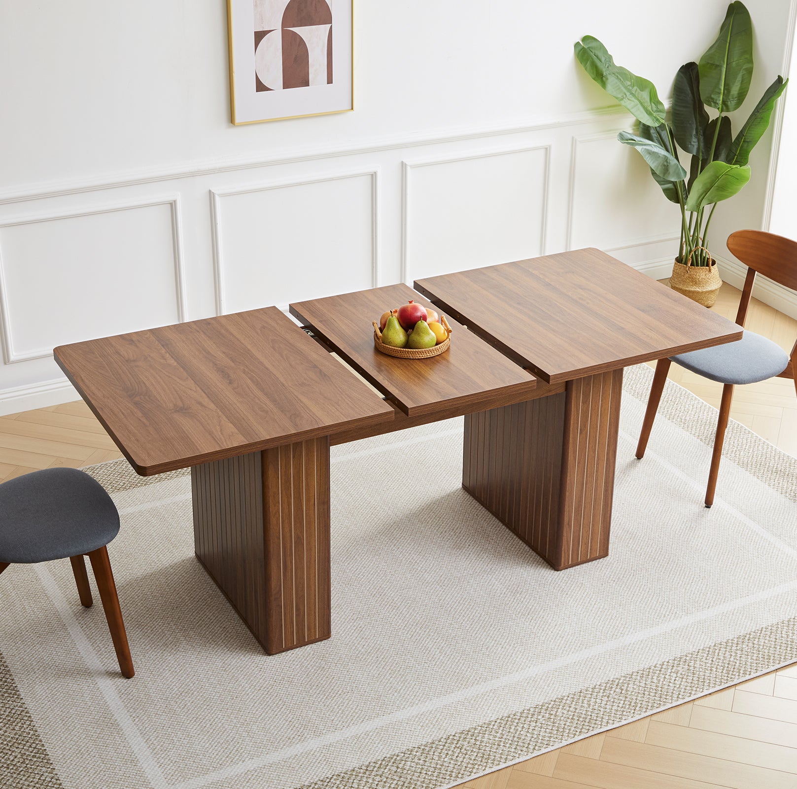 Wirrytor Rectangle Extendable Dining Table for 6-8 People Modern Expandable Kitchen Table with White Pedestal Base Wood veneer Particle Board Space Saving Design. Oak