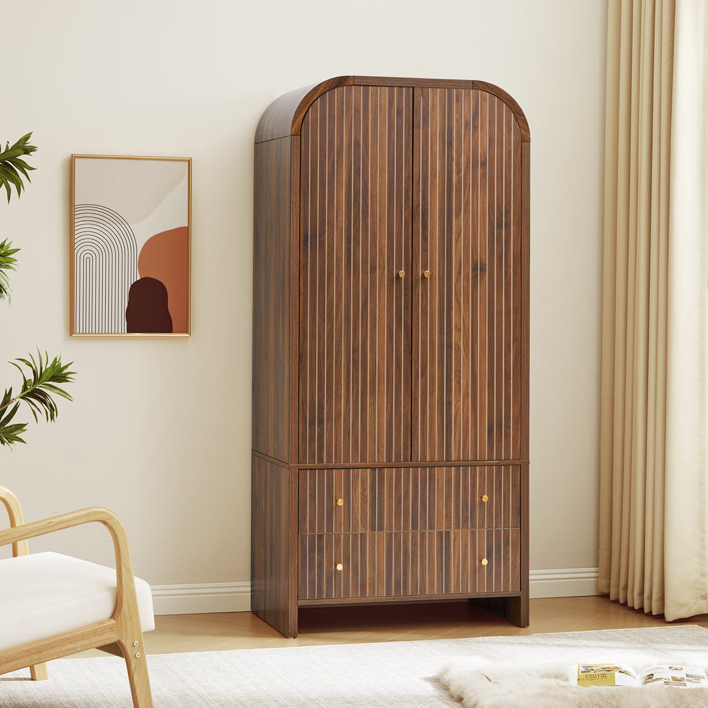 Wirrytor 2 Door Armoire for Bedroom with 2 Drawers and Hanging Rod, Fluted Tall Wardrobe Closet Storage Organizer, Large Capacity Freestanding Wardrobe for Living Room Or Office