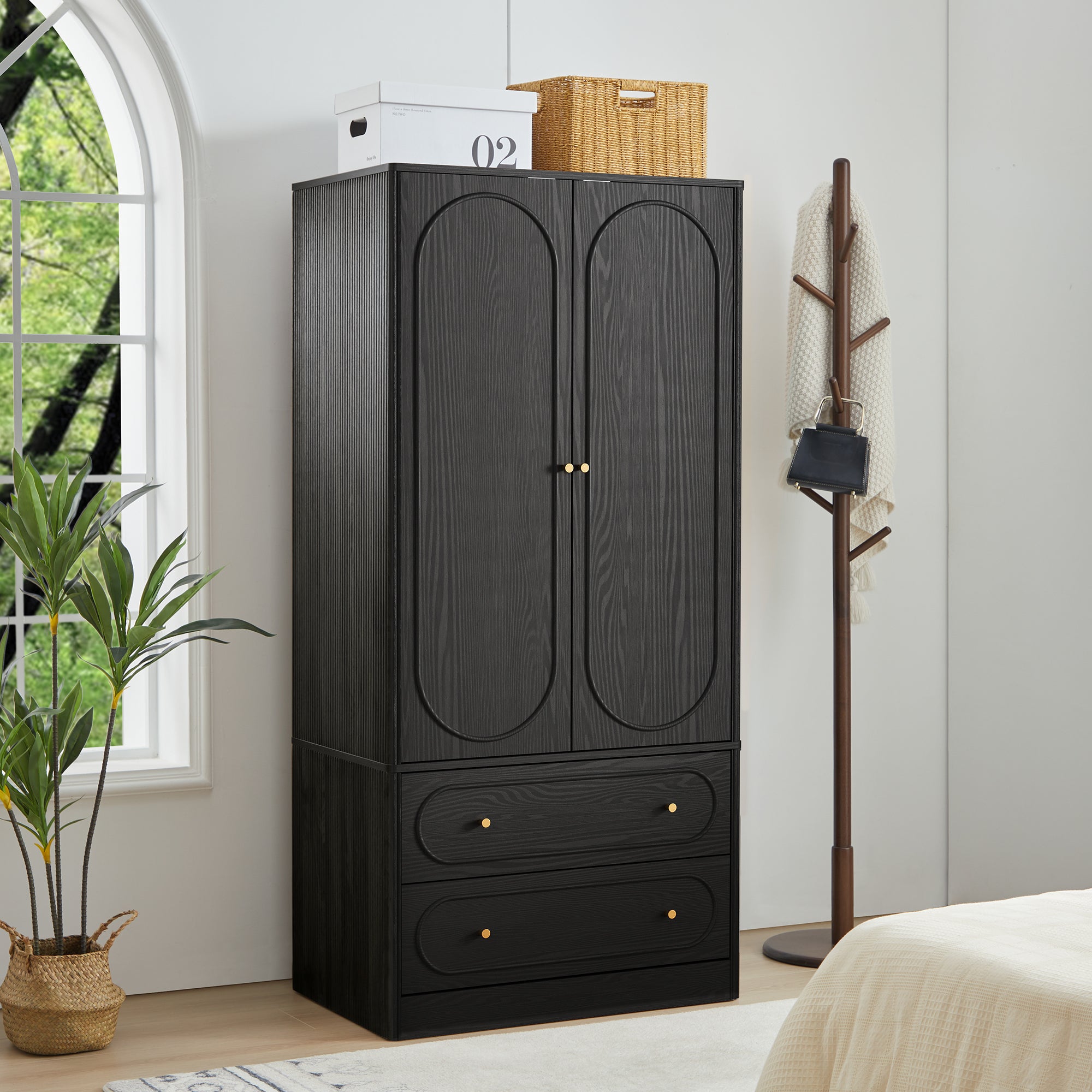 Wirrytor Armoire Wooden Closet with 2 Doors and 2 Drawer