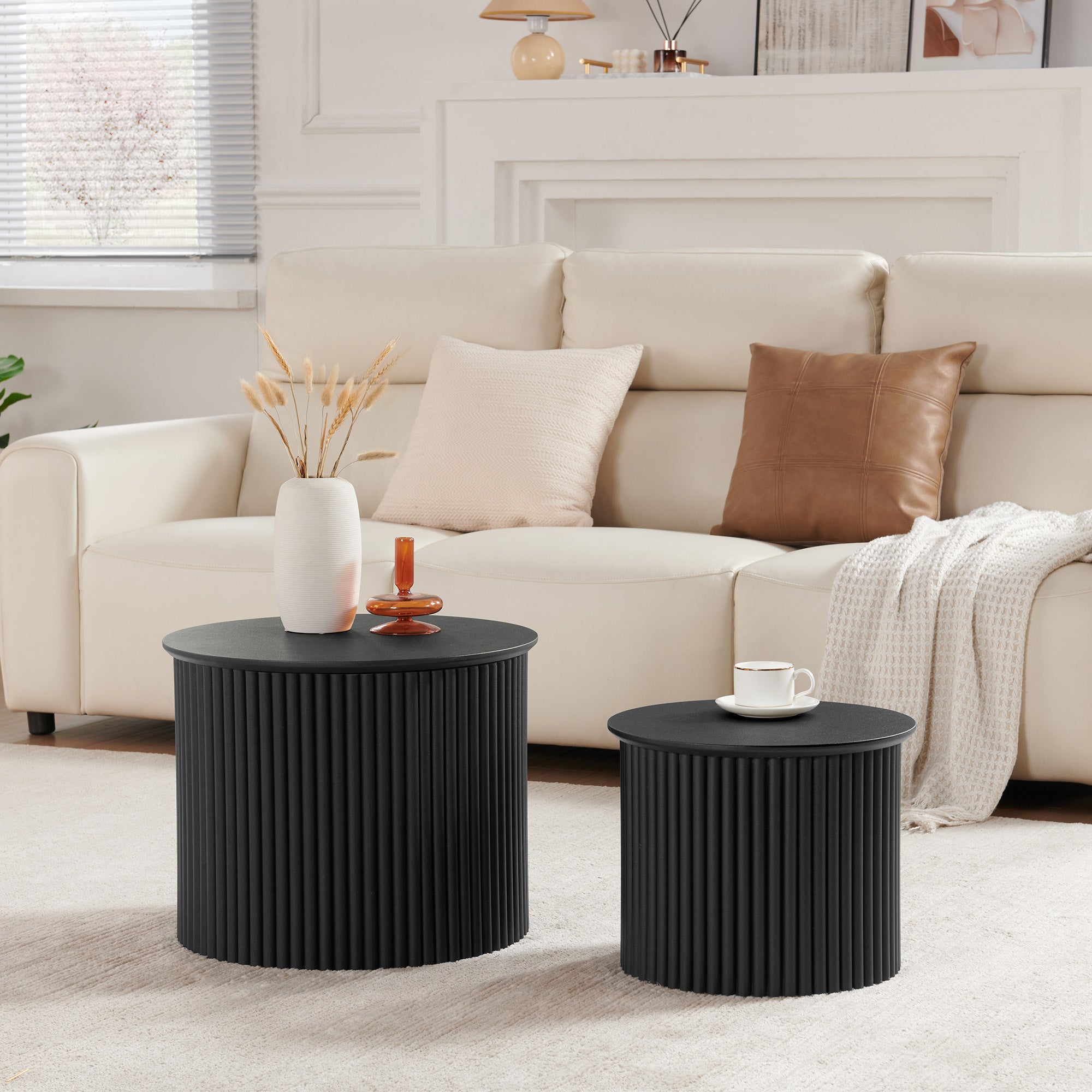 Wirrytor Rattan Round Coffee Table with 2-Tier Wood Storage