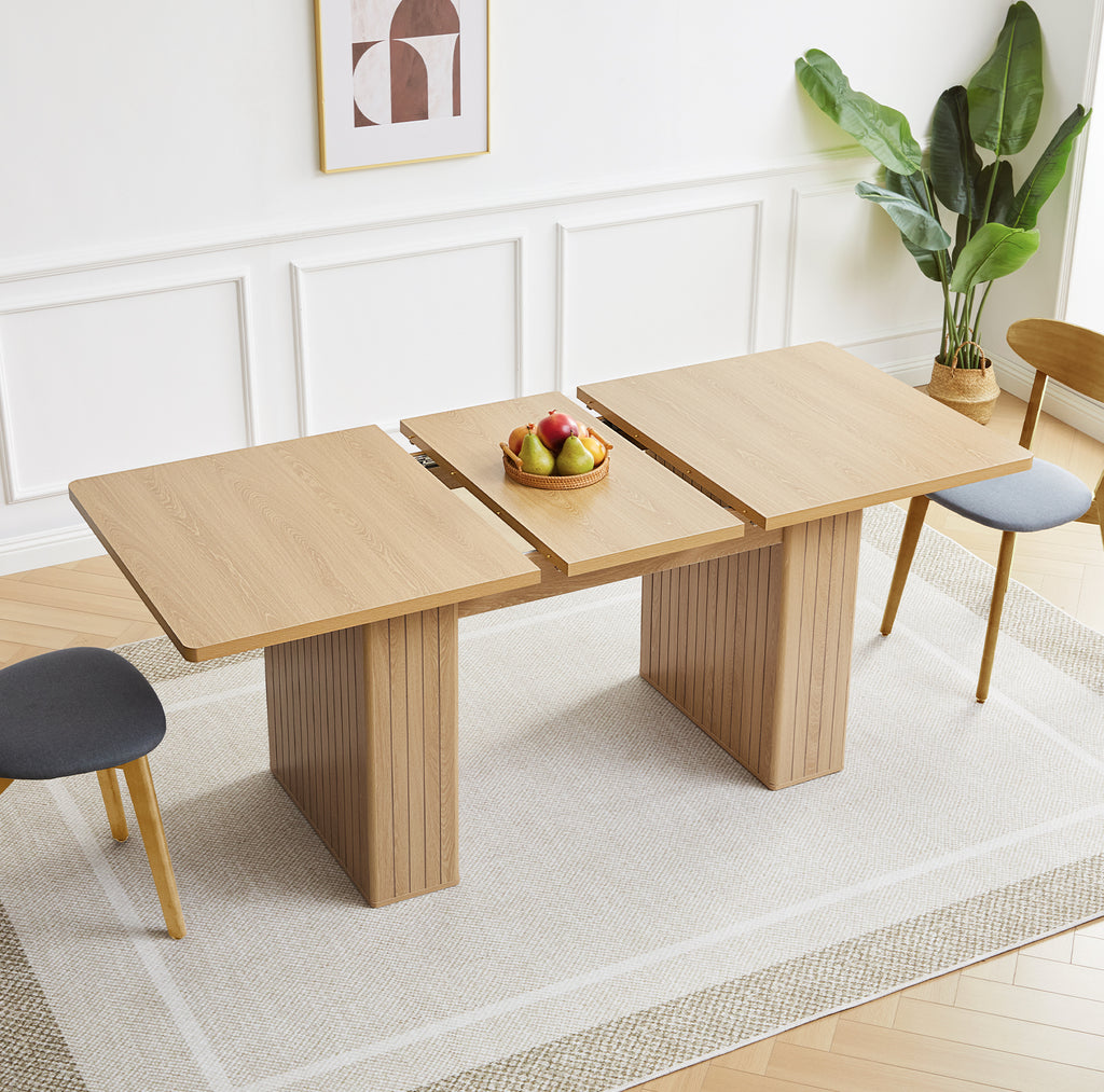 Wirrytor Rectangle Extendable Dining Table for 6-8 People Modern Expandable Kitchen Table with White Pedestal Base Wood veneer Particle Board Space Saving Design. Oak