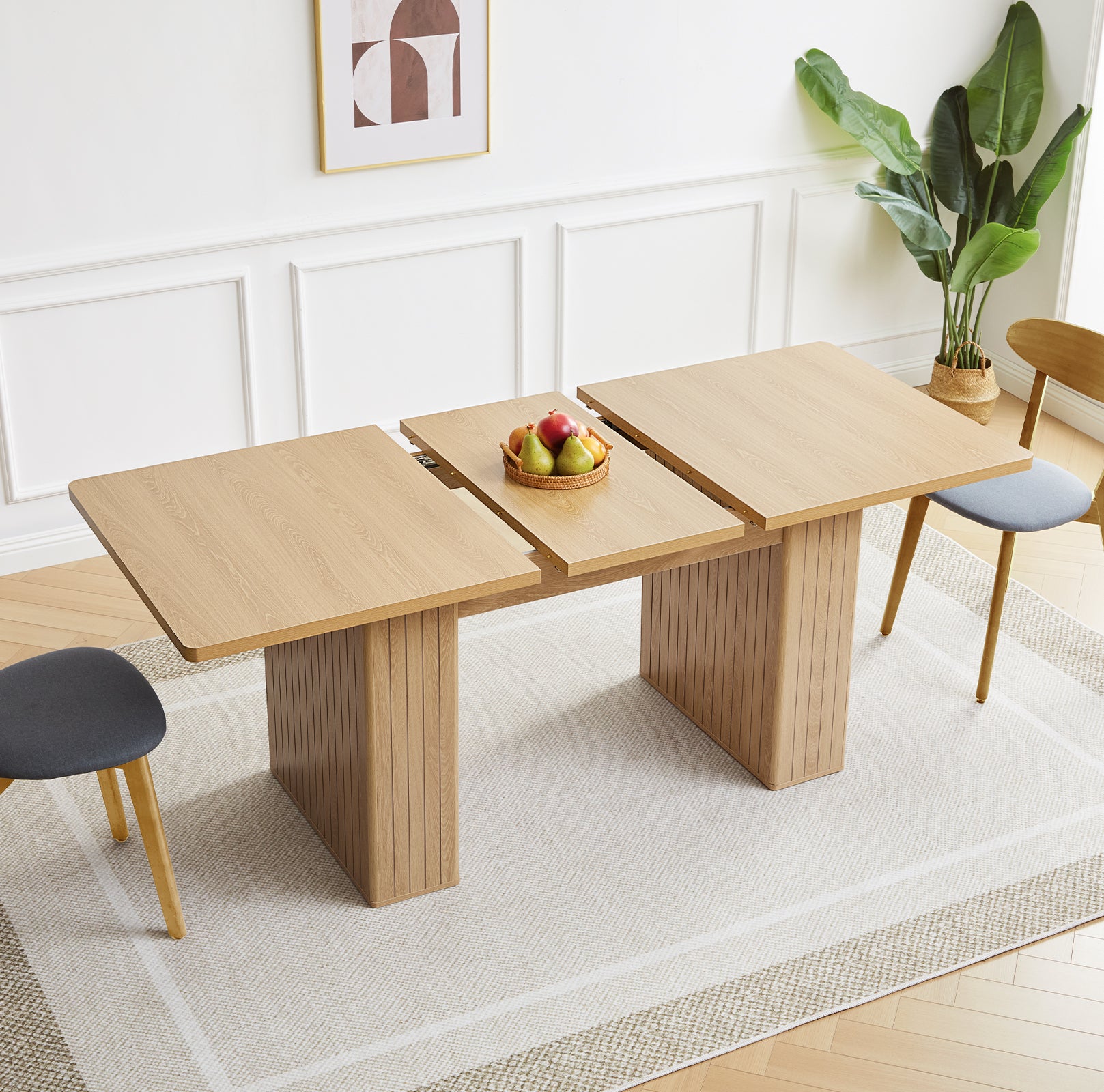 Wirrytor Rectangle Extendable Dining Table for 6-8 People Modern Expandable Kitchen Table with White Pedestal Base Wood veneer Particle Board Space Saving Design. Oak