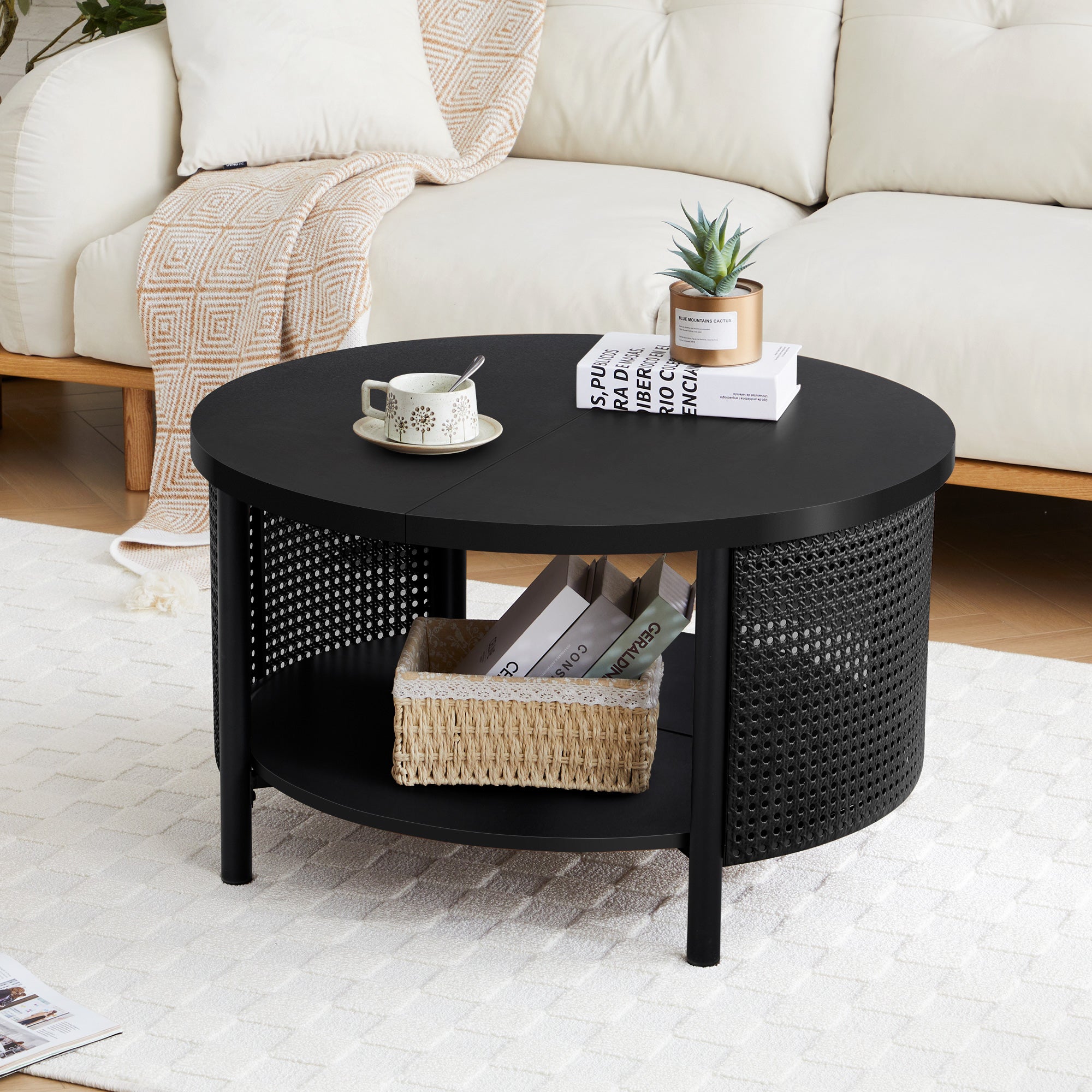 Wirrytor Rattan Round Coffee Table with 2-Tier Wood Storage