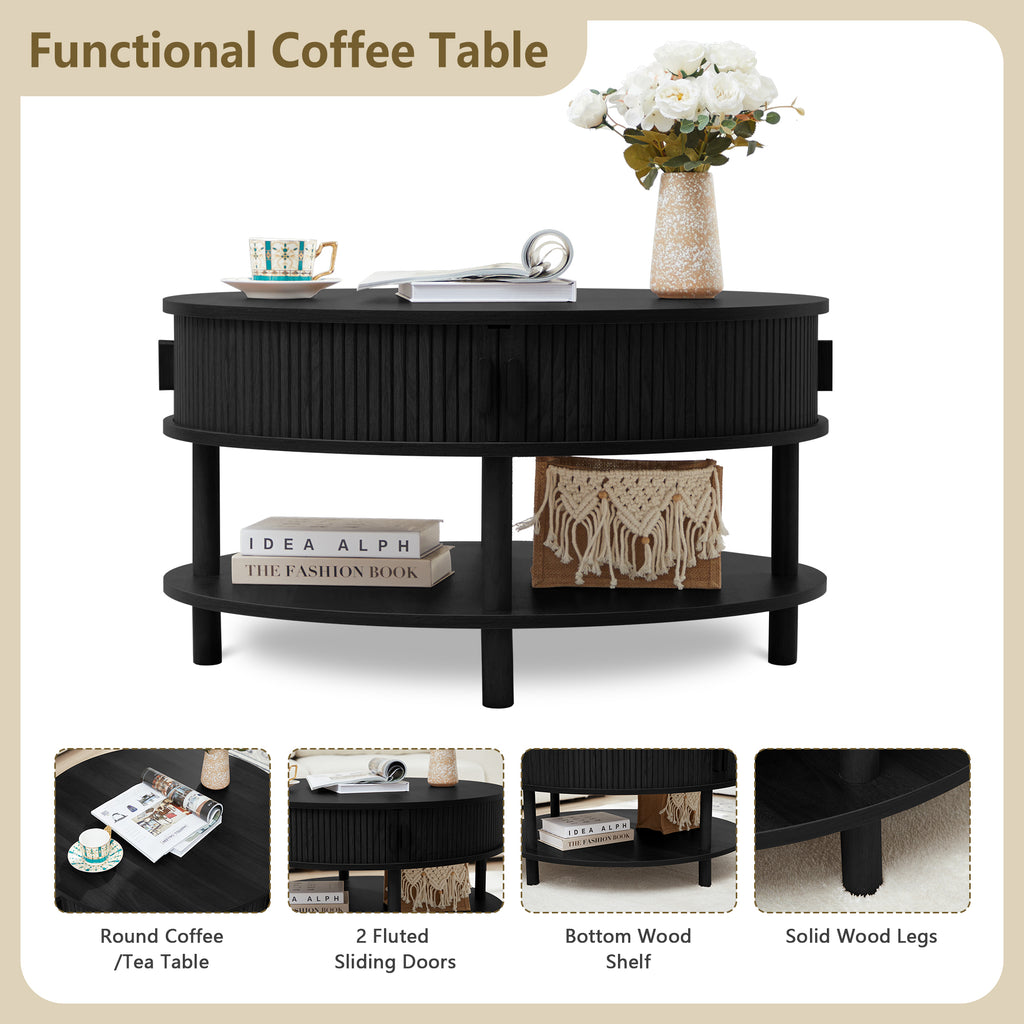 Wirrytor 31 inch Walnut Round Coffee Table for Living Room with Hiddern Storage