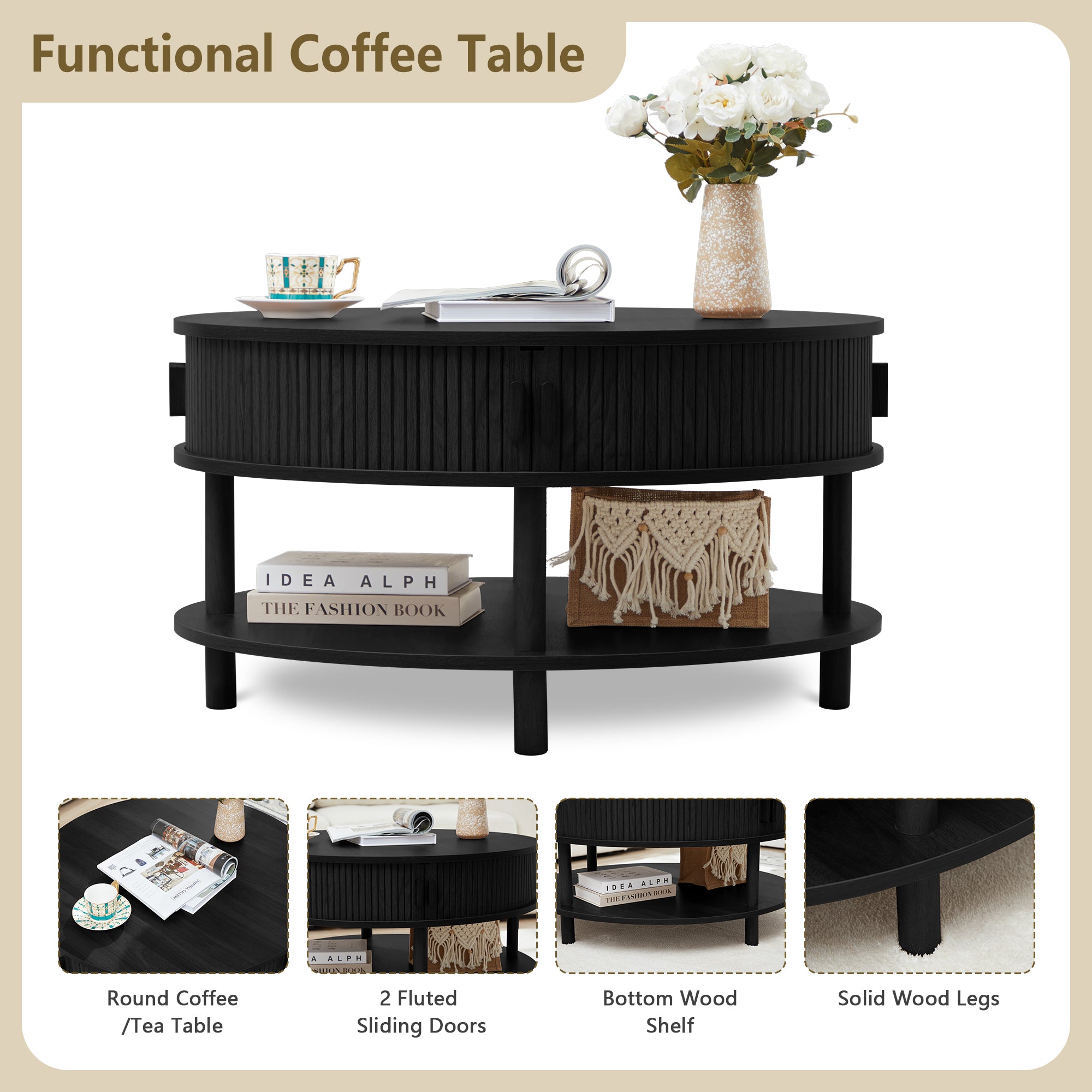 Wirrytor 31 inch Walnut Round Coffee Table for Living Room with Hiddern Storage