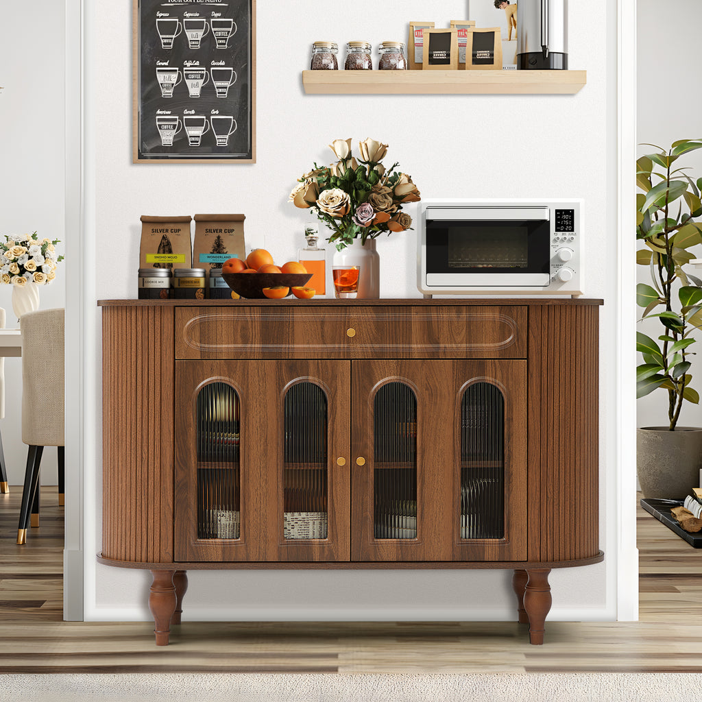 Wirrytor 47'' Fluted Wooden Oval Sideboard Buffet Cabinet with 2 Hollow Doors 2 Open Shelves, Elegant Curved Dining Cabinets,Kitchen Sideboard Cabinet for Dining Room Living Room Hallway,Black