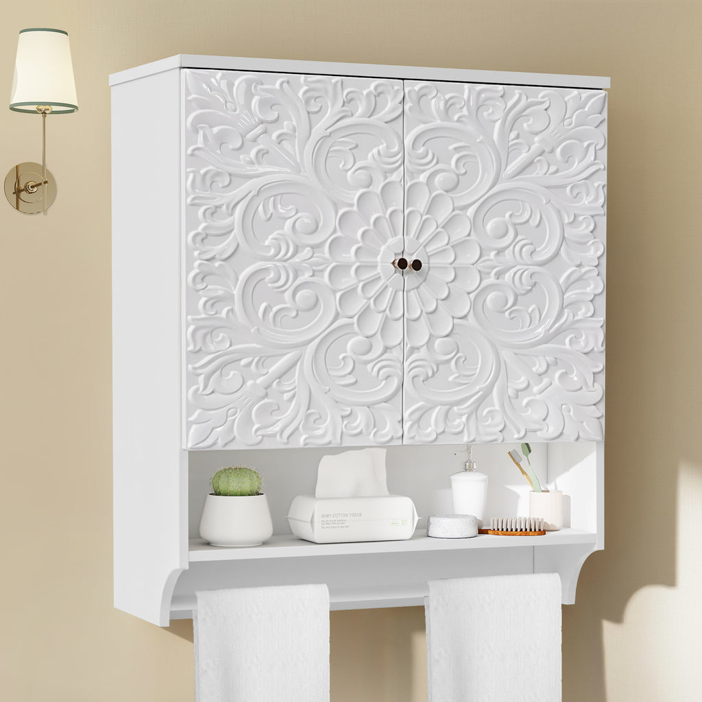 WIRRYTOR Retro Floral Embossed Bathroom Cabinet Wall Mounted, Kitchen Medicine Cabinet Storage Organizer with Open Shelf and Towel Bar