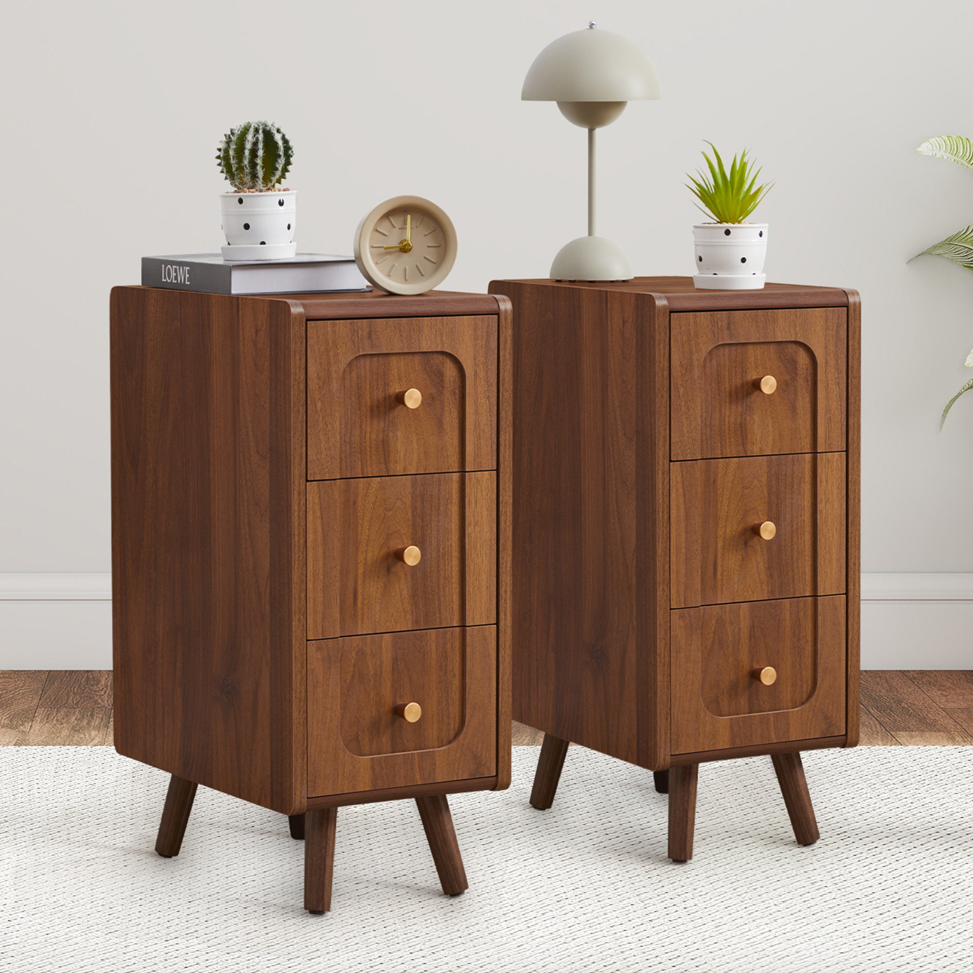 WIRRYTOR Modern Rounded Corner Narrow Nightstand with 3 Drawers, Slim Bedside Table with Tapered Legs, Natural Accent End Table