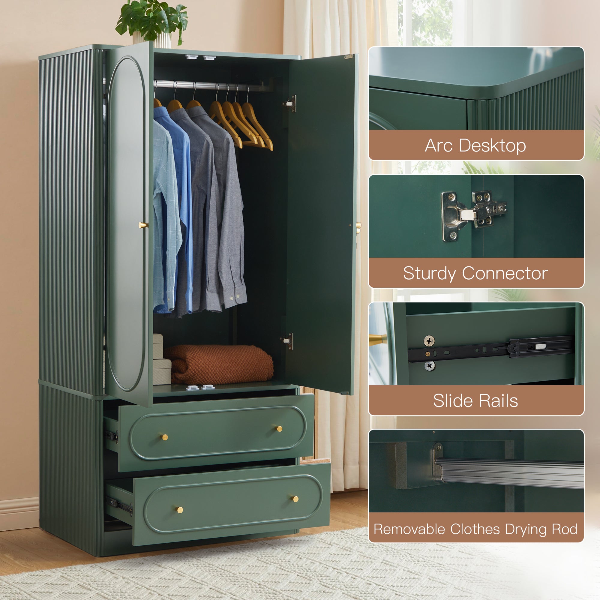 Wirrytor Armoire Wooden Closet with 2 Doors and 2 Drawer